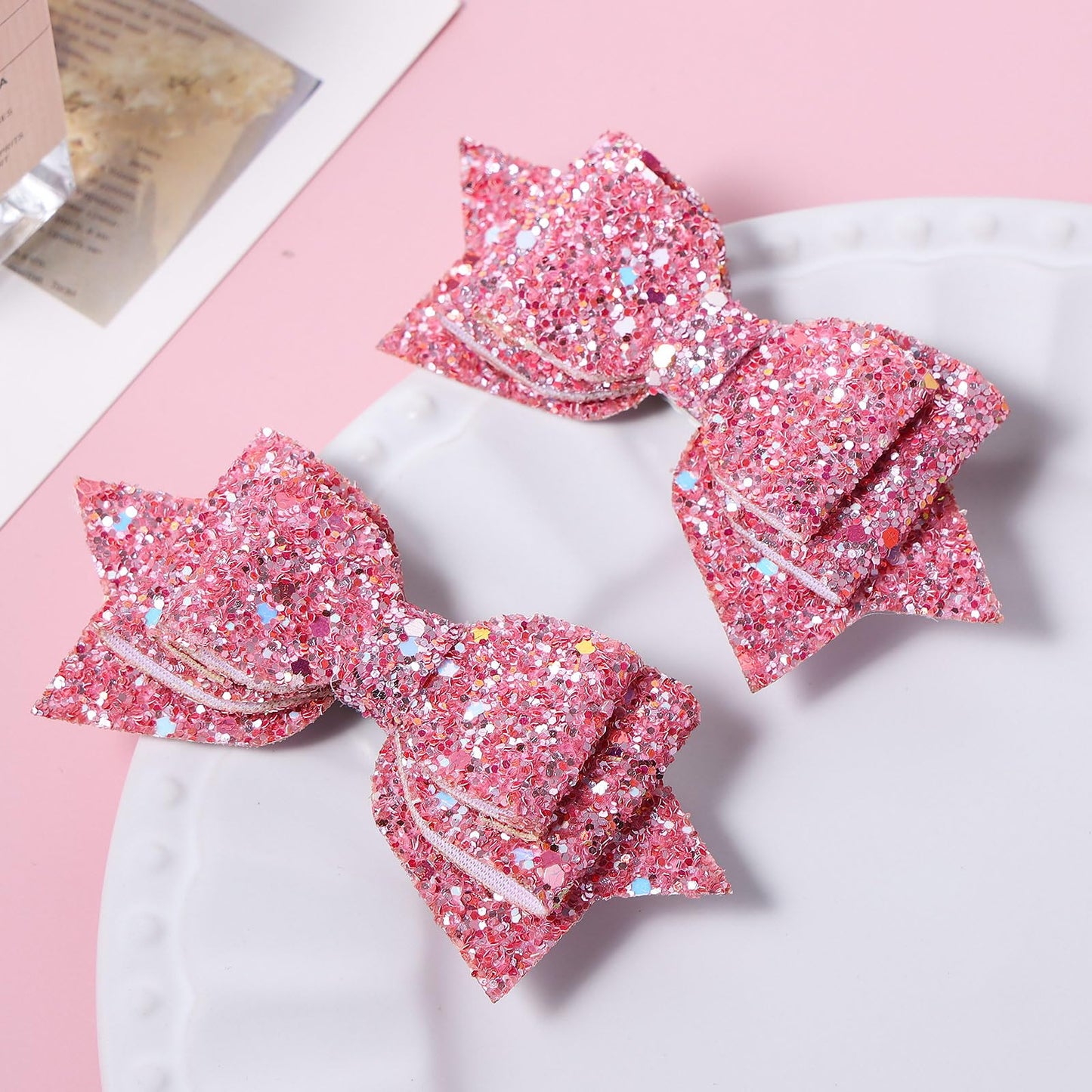 Glitter Pink Hair Bows 4inch Shiny Sequins Bowknot Alligator Clips Barrettes Pins for Toddler Teens Baby Girls Kids Birthday Wedding Party Dress Decor Accessory Valentines Gift