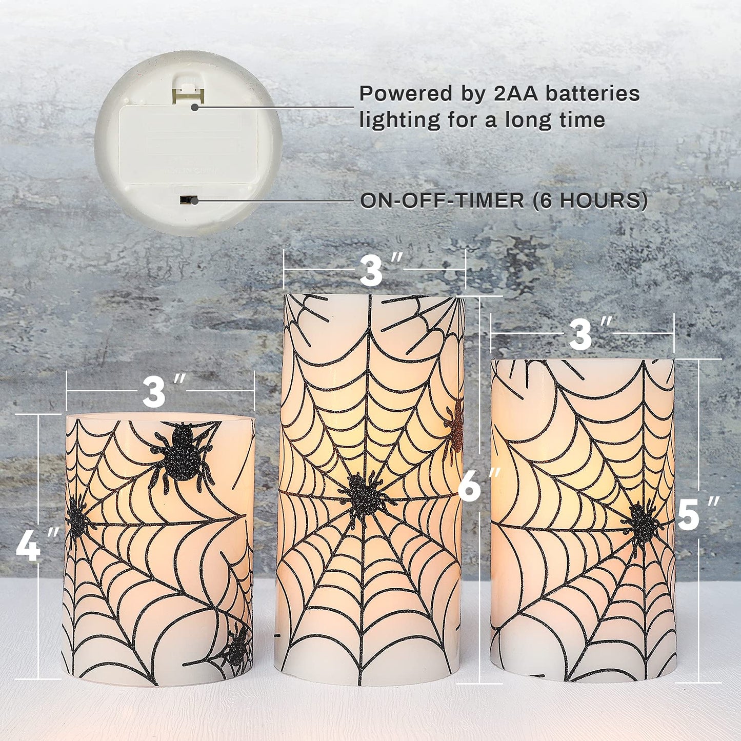 REVELBUNNY Halloween Flameless Candles, Spider Web Decal LED Flickering Candles with Remote Timer, Battery Operated Real Wax Pillar Candle for Halloween Home Party Spooky Decoration, Set of 3