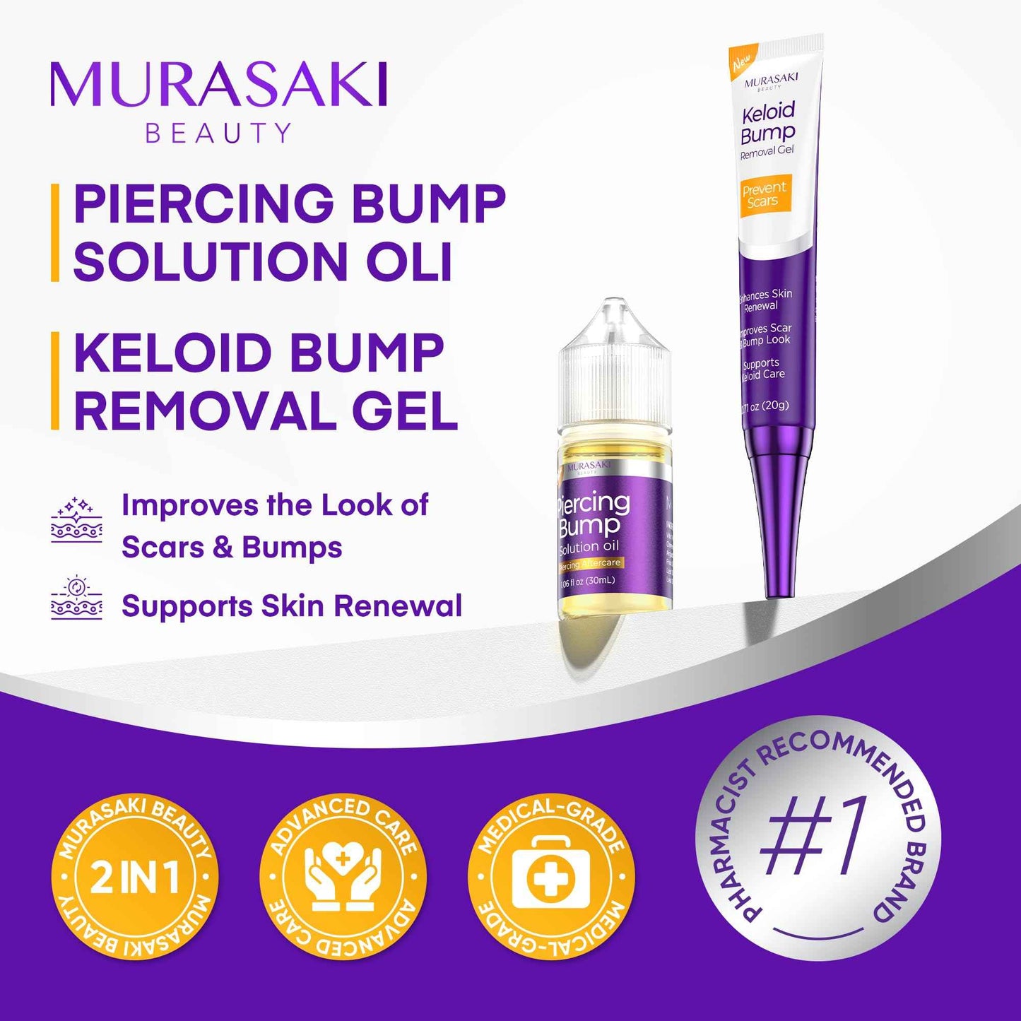 Piercing & Keloid Bump Solution Oil & Gel Kit, Piercing Aftercare Treatment Piercing Bump Solution Aftercare Oil (30 mL) + Keloid Bump Removal Gel (20 g) (0.71 oz (20g))
