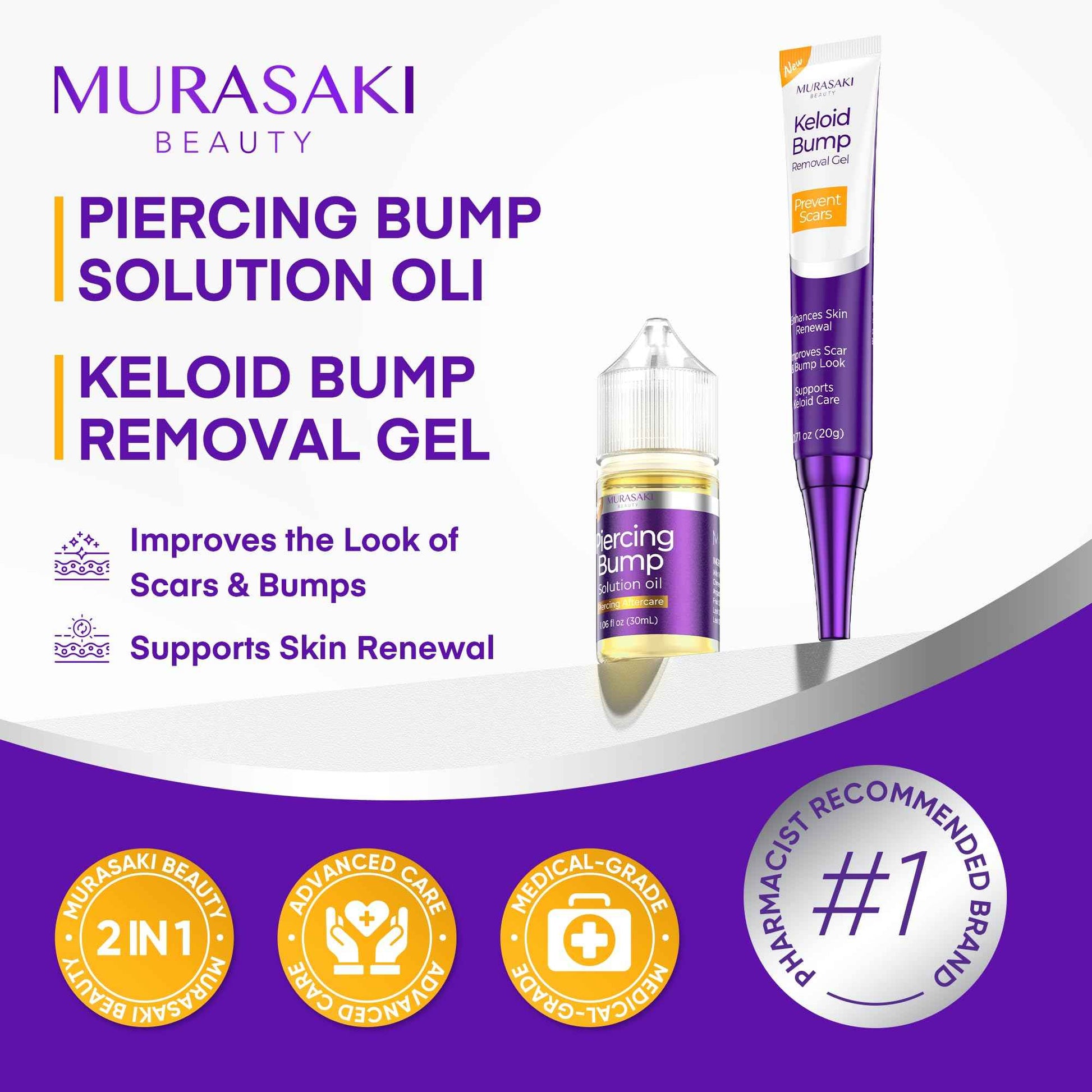 Piercing & Keloid Bump Solution Oil & Gel Kit, Piercing Aftercare Treatment Piercing Bump Solution Aftercare Oil (30 mL) + Keloid Bump Removal Gel (20 g) (0.71 oz (20g))