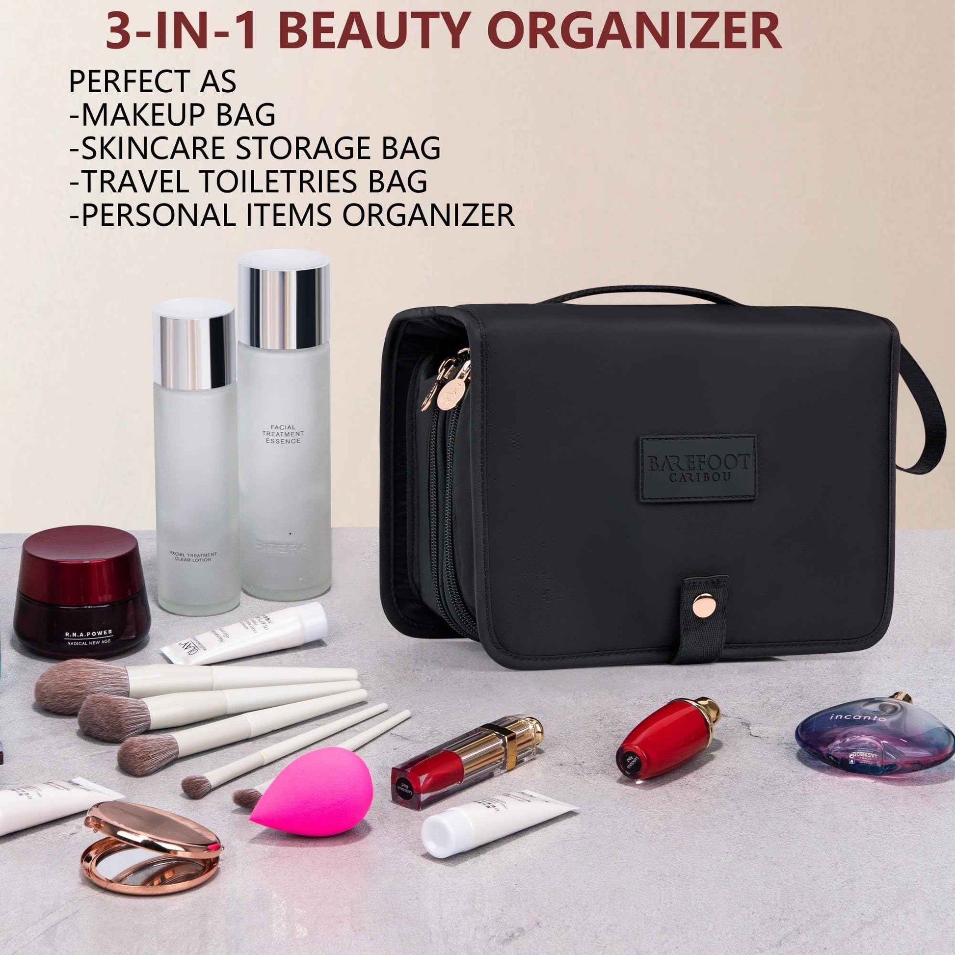 Travel Makeup Bag for Women for Cosmetics, Brushes, and Toiletries, Compact and Portable Makeup Organizer, Large Capacity Storage Cosmetic bag for Business, Vacation, or Weekend Traveling (Black)