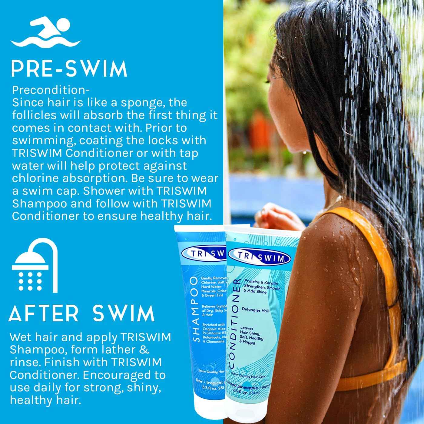 TRISWIM Hair Care Gift Set | Chlorine Shampoo and Conditioner for Swimmers, 8.5 fl oz | Paraben-Free with Aloe Vera and Chamomile | Restores Chlorine-Damaged Hair | Includes Body wash & Lotion Samples
