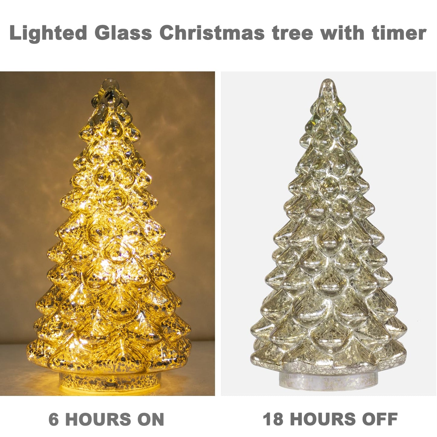 KI Store Lighted Glass Christmas Tree Figurine with Timer Set of 3 Mercury Glass Christmas Decoration Battery Operated for Centerpieces Window Tabletop Mantel