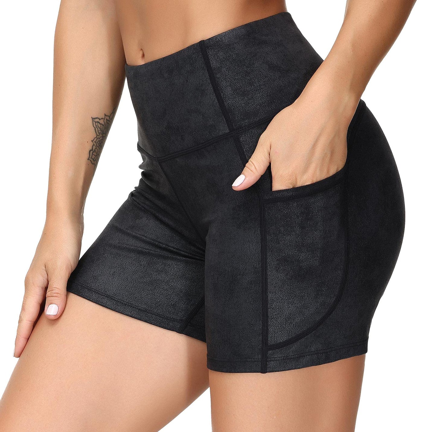 THE GYM PEOPLE High Waist Yoga Shorts for Women Tummy Control Fitness Athletic Workout Running Shorts with Deep Pockets (Small, Faux Leather Coated)