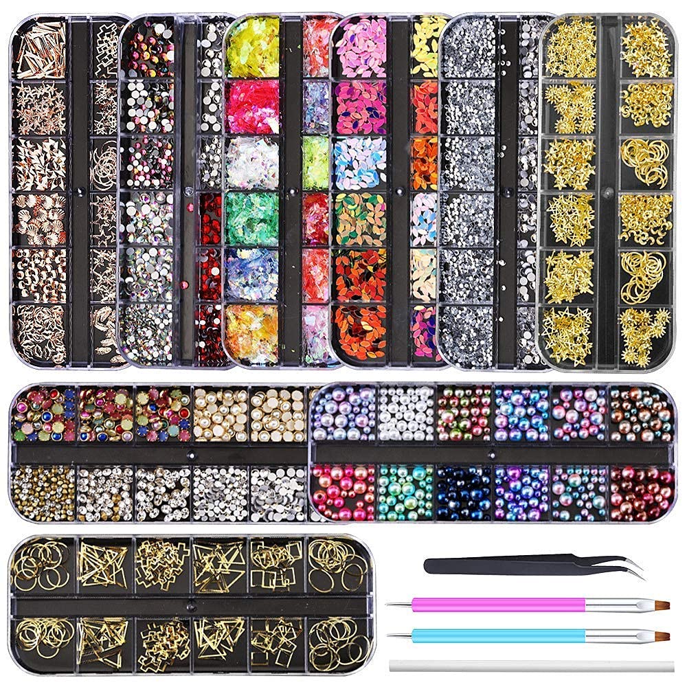 Artdone 9 boxes Nail Rhinestones,Nail Gems Nail Diamonds,Nail Art Studs Nail Crystals Nail Sequins for Nails Kit with 1 Tweezers and 3 Pen for Nail Art Supplies Accessories