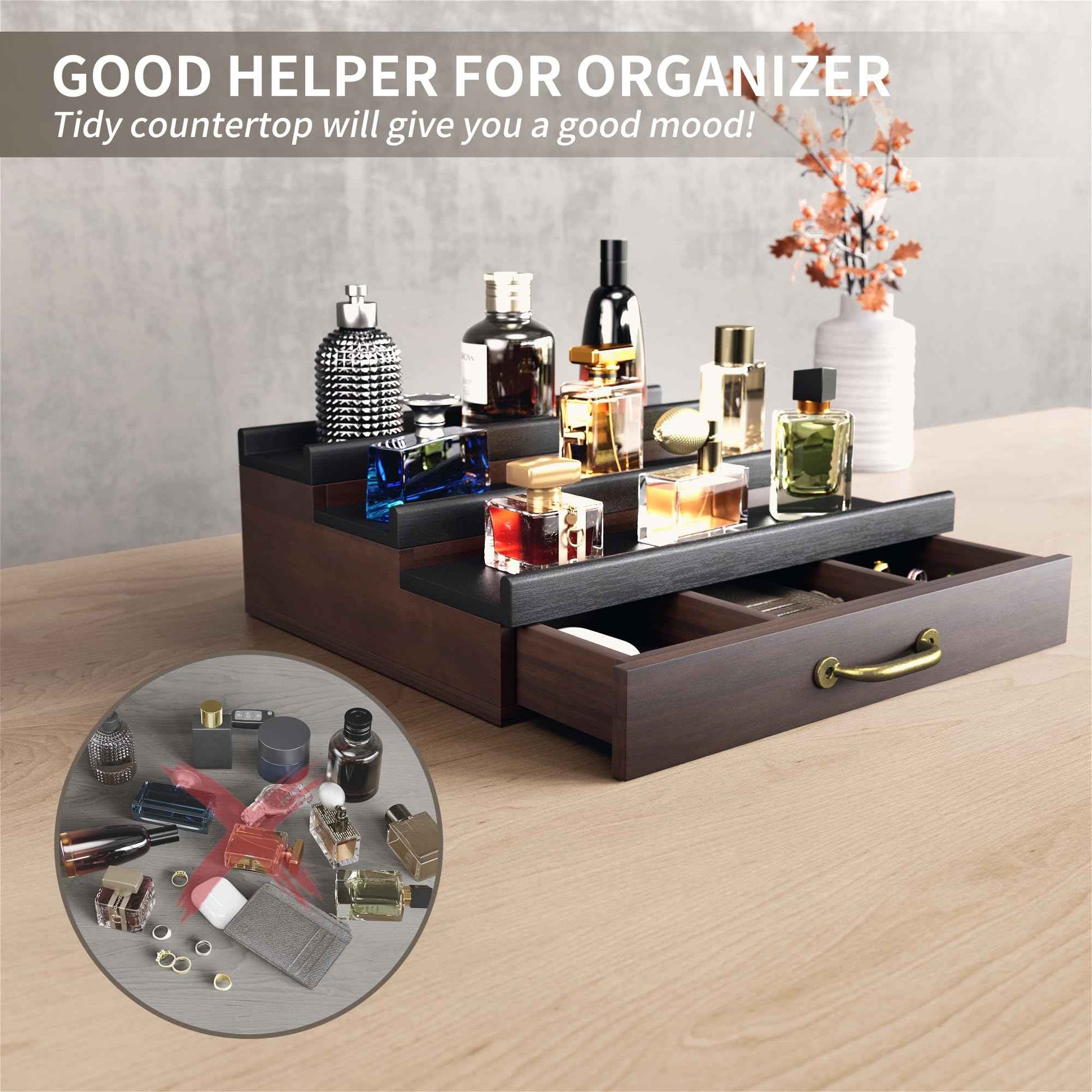 YIKIBOX Cologne Organizer for Men,Wooden Perfume Organizer with Hidden Compartment and Drawer,Cologne Stand and Storage Display Risers for Dresser,Great Gift for Men/Friend（DarkBrown）