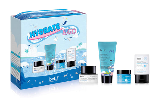 belif Hydrate & Go Kit, Korean Skincare Set with Face Cleanser, Moisturizer, Eye Cream & Sunscreen, Daily Hydration, Gift Set, Antioxidant Packed Moisturizing Set for All Skin Types, Travel Kit