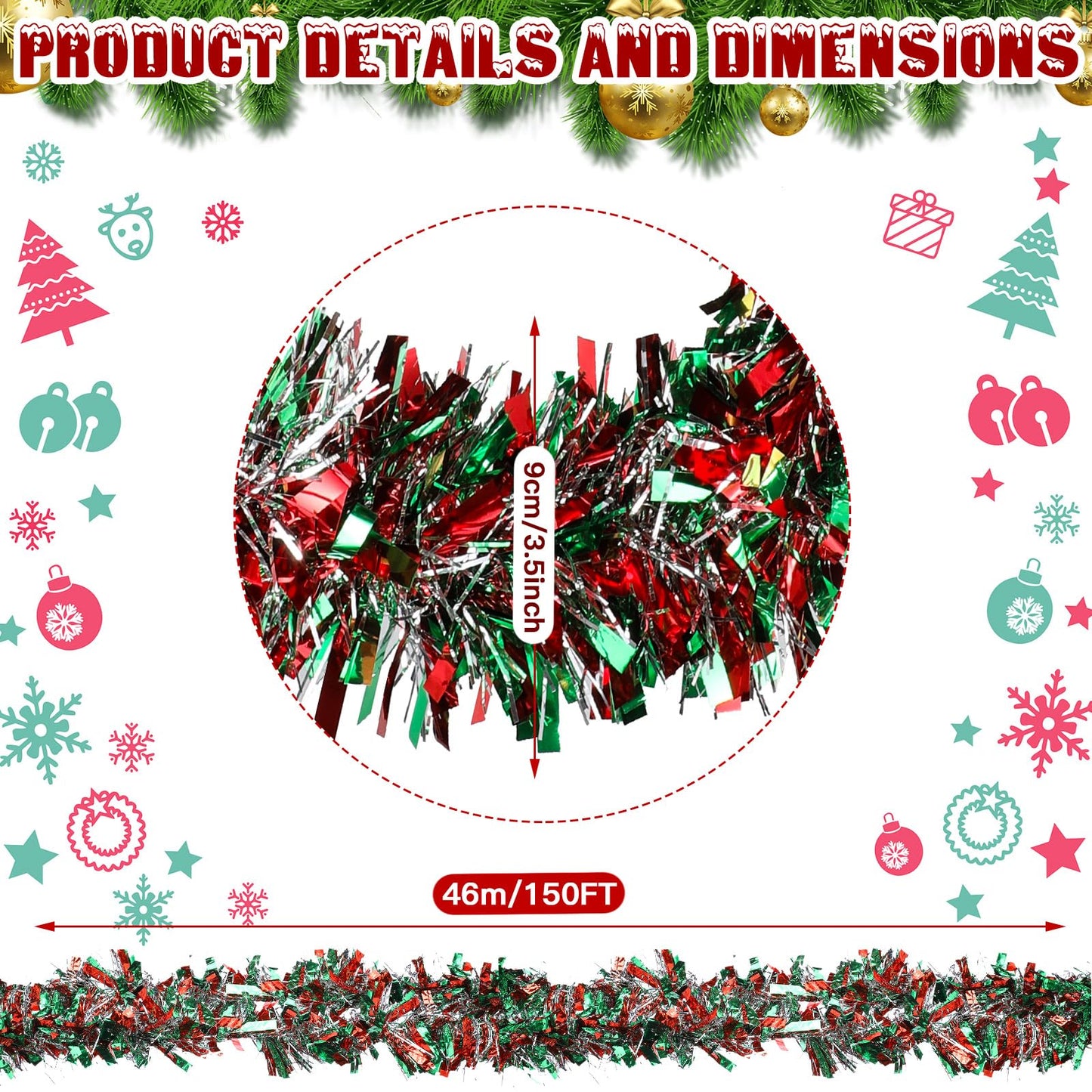 Ceenna 150 Feet Christmas Tinsel Garland Metallic Twist Garland Shiny Hanging Garland Ornaments for Christmas Tree Party Supplies Indoor and Outdoor Decoration (Red Green Silver)