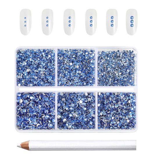 Beadsland 7200pcs Flatback Rhinestones,Light Blue Rhinestones Nail Gems Round Crystal Rhinestones for Crafts,Mixed 6 Sizes with Wax Pencil Kit, SS3-SS10,Light Sapphire