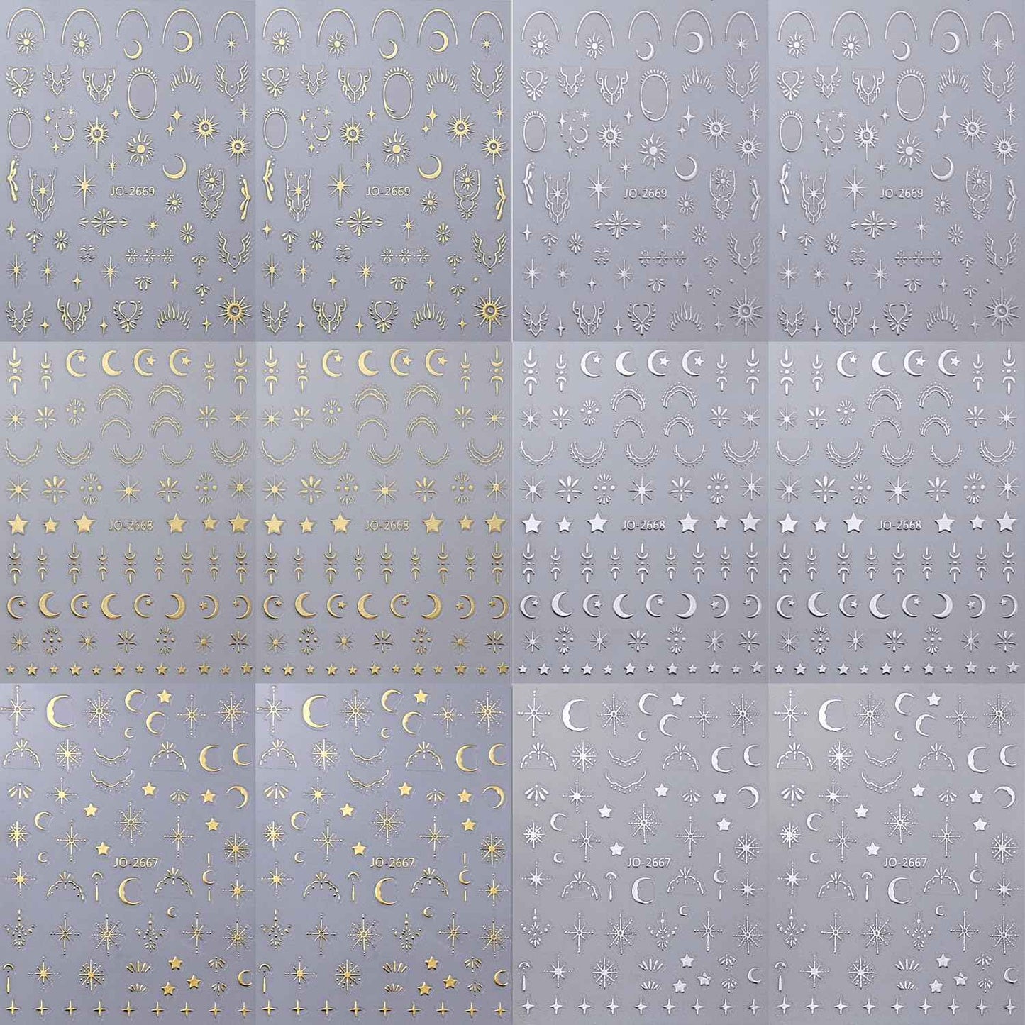 12 Sheets Silver Gold Moon Star Nail Art Stickers - 3D Self Adhesive Decals for Design and Decoration - Supplies Accessories for Women