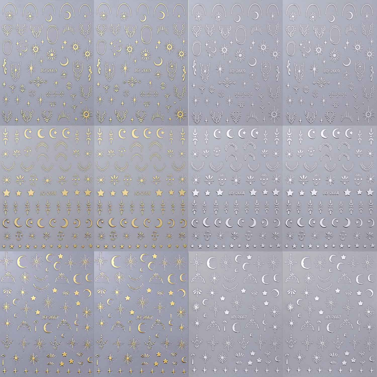 12 Sheets Silver Gold Moon Star Nail Art Stickers - 3D Self Adhesive Decals for Design and Decoration - Supplies Accessories for Women