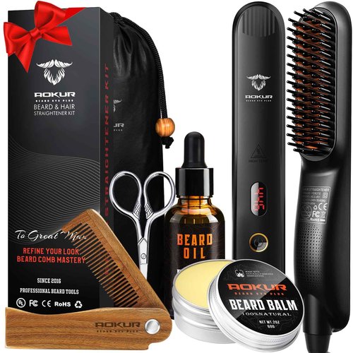 Beard Straightener for Men – 5-Temp Heated Brush with Anti-Scald Tech – Grooming Kit with Sandalwood Comb, Balm, Oil & Scissors – Gifts for Father’s Day, Anniversary & Birthdays