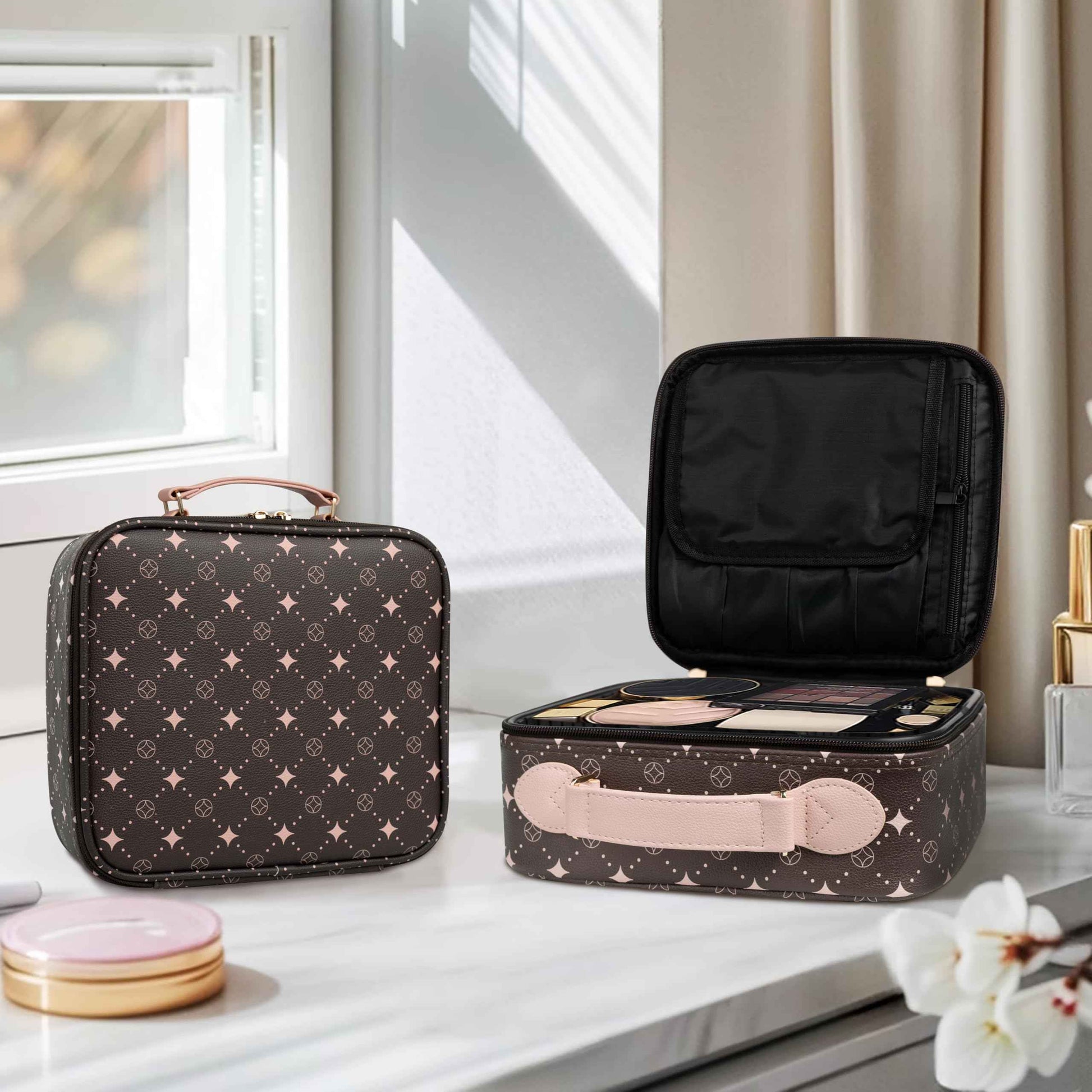 Travel Makeup Bag,Waterproof Cosmetic Organizer, Adjustable Dividers,Portability Cosmetic Train Case,Makeup organizer,Gift for Women,Girls Gift (Coffee+Pink)