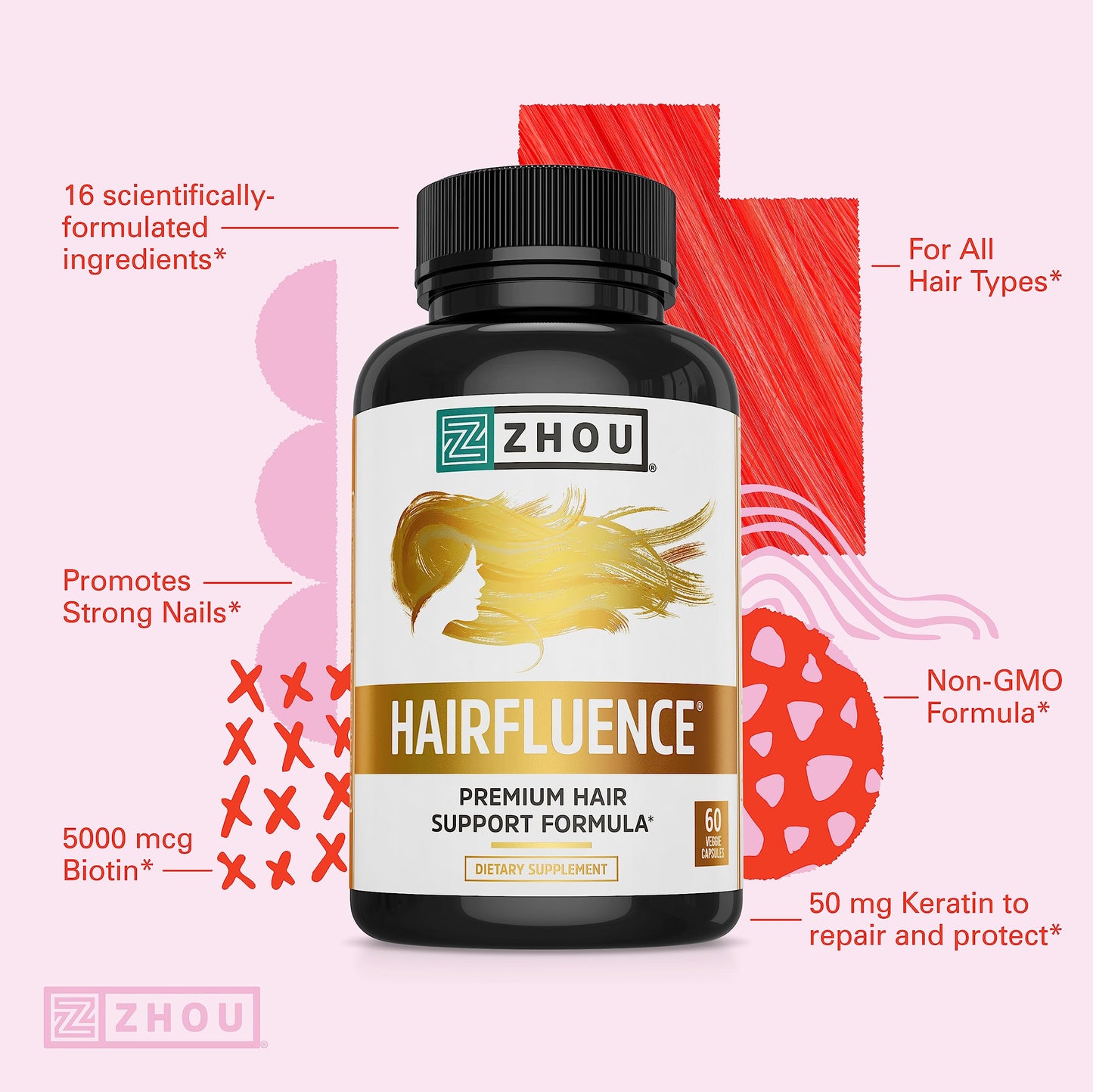 Zhou Hairfluence, Hair Growth Supplement with Biotin 5000mcg, Collagen, Keratin, Vitamin A, C, D3 & B12, Stronger Hair Skin and Nails, Non-GMO, Gluten Free, 60 Veg Caps