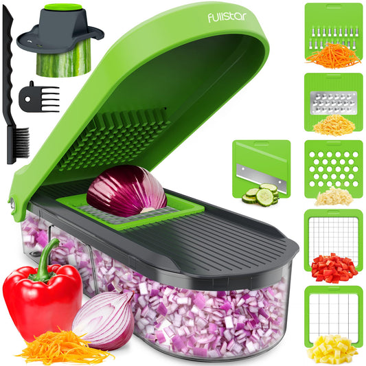 Fullstar Vegetable Chopper, Cheese Slicer, Food Chopper, Veggie Chopper, Onion Chopper, Vegetable Chopper with Container, Mandoline Slicer & Cheese Grater (6 in 1 - Gray/Green)