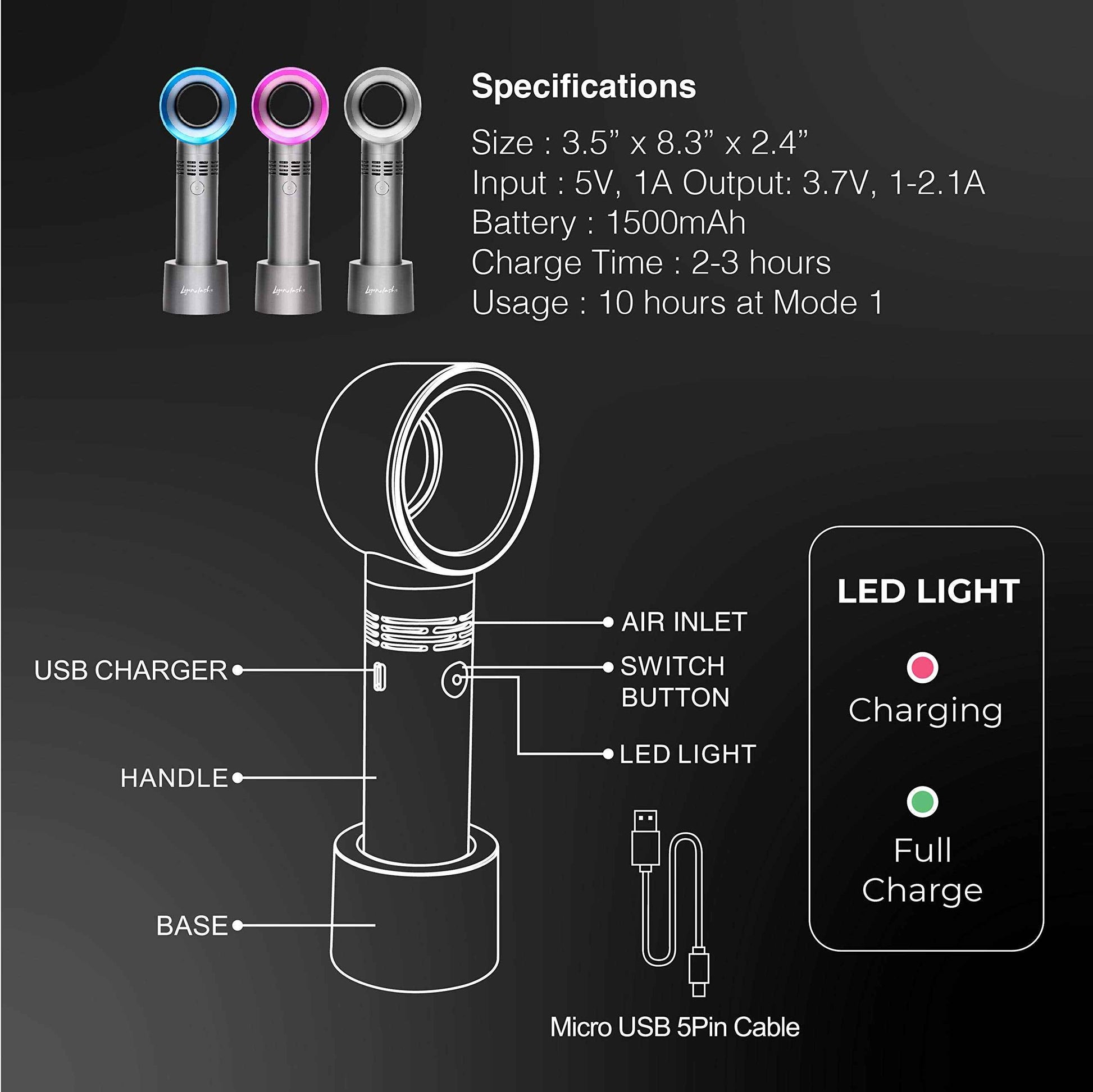 Lyon Lash Portable USB Rechargeable Bladeless Mini Fan/Air Conditioning Blower/Handheld Cooling Dryer, Essential Eyelash Extension Supplies, Dries Glue/Adhesive Rapidly (Nickel/Fuchsia Pink)