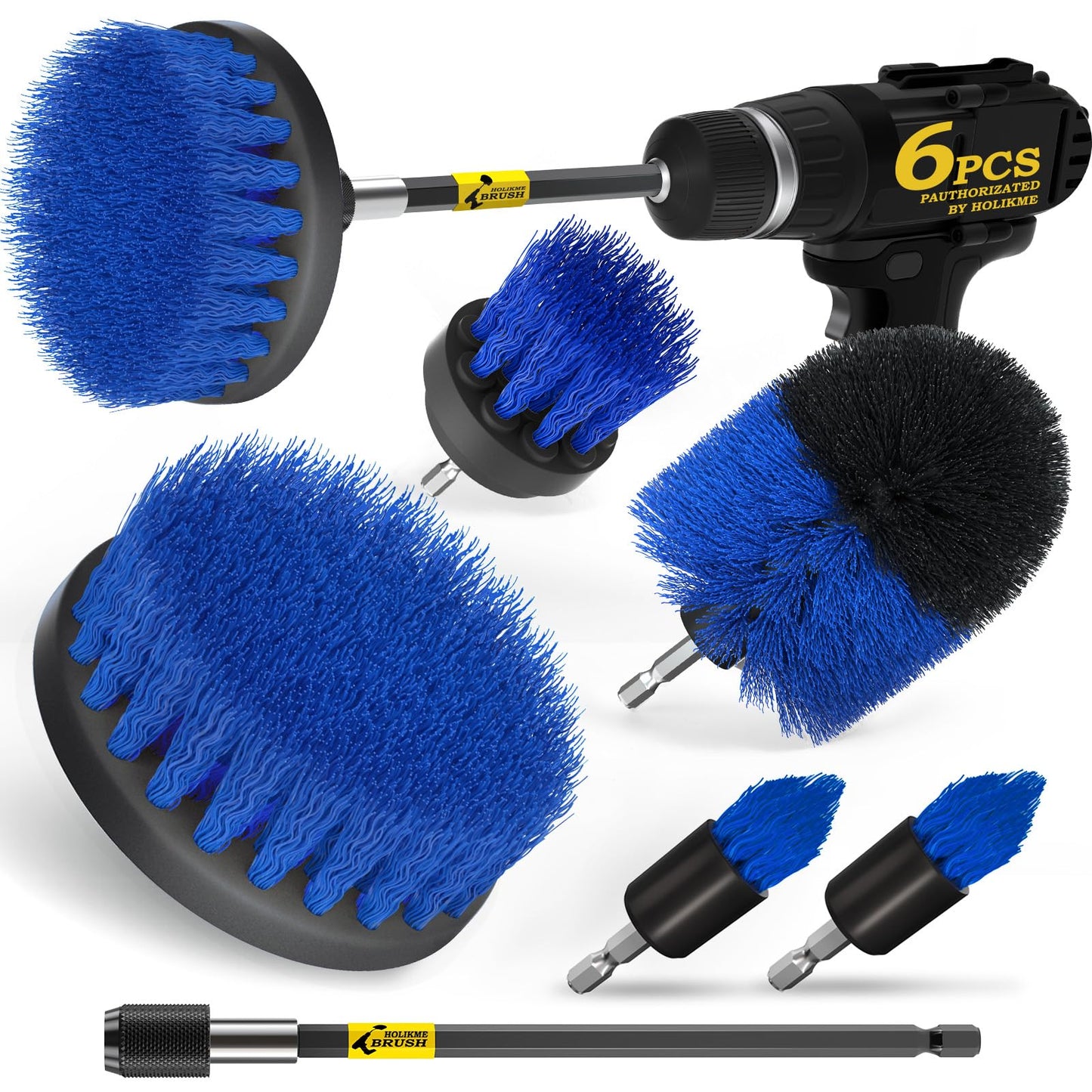 Holikme 6Pack Drill Brush Power Scrubber Cleaning Brush Extended Long Attachment Set All Purpose Drill Scrub Brushes Kit for Grout, Floor, Tub, Shower, Tile, Bathroom，Scrub Brush Blue