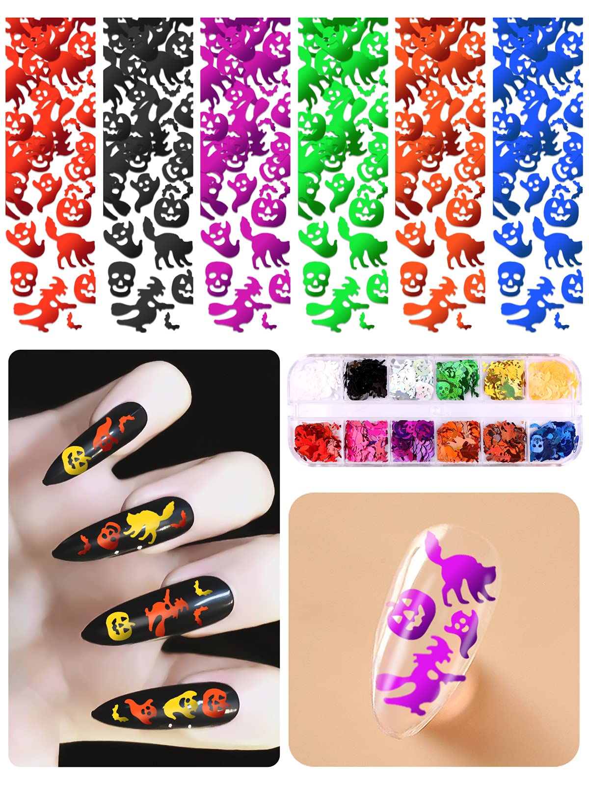 EBANKU 4 Boxes Halloween Nail Art Glitter Sequins, 3D Holographic Skull Spider Pumpkin Bat Ghost Witch Shape Nail Glitter Flakes, Laser Sequins for Nails Design Halloween Party