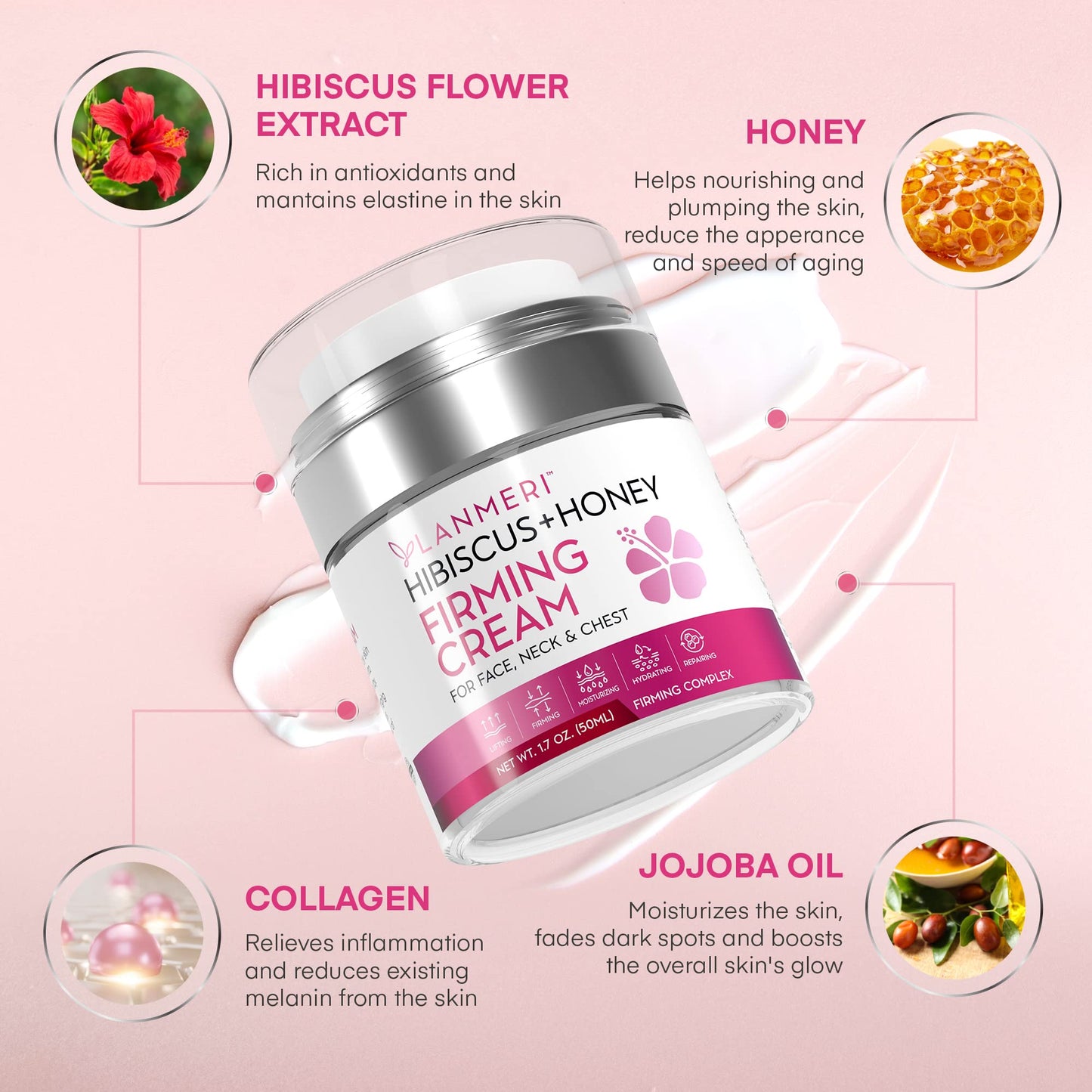 Hibiscus and Honey Cream - Neck Cream - Skin Cream for Face & Body - Anti-Wrinkle Facial Moisturizer with Collagen - Formulated with Hibiscus Extract, Honey, Jojoba Oil - Cruelty-free, 1.7 oz 50 ml