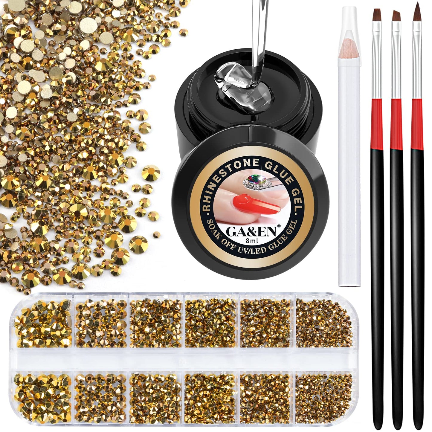 1PC 8ml WIPE-OFF Nail Art Rhinestone Glue Gel Adhesive + 1 Box 2-5mm Flat Back Round Glass Gold Rhinestones + 3PCS Glue Brush + 1PC Pickup pencil