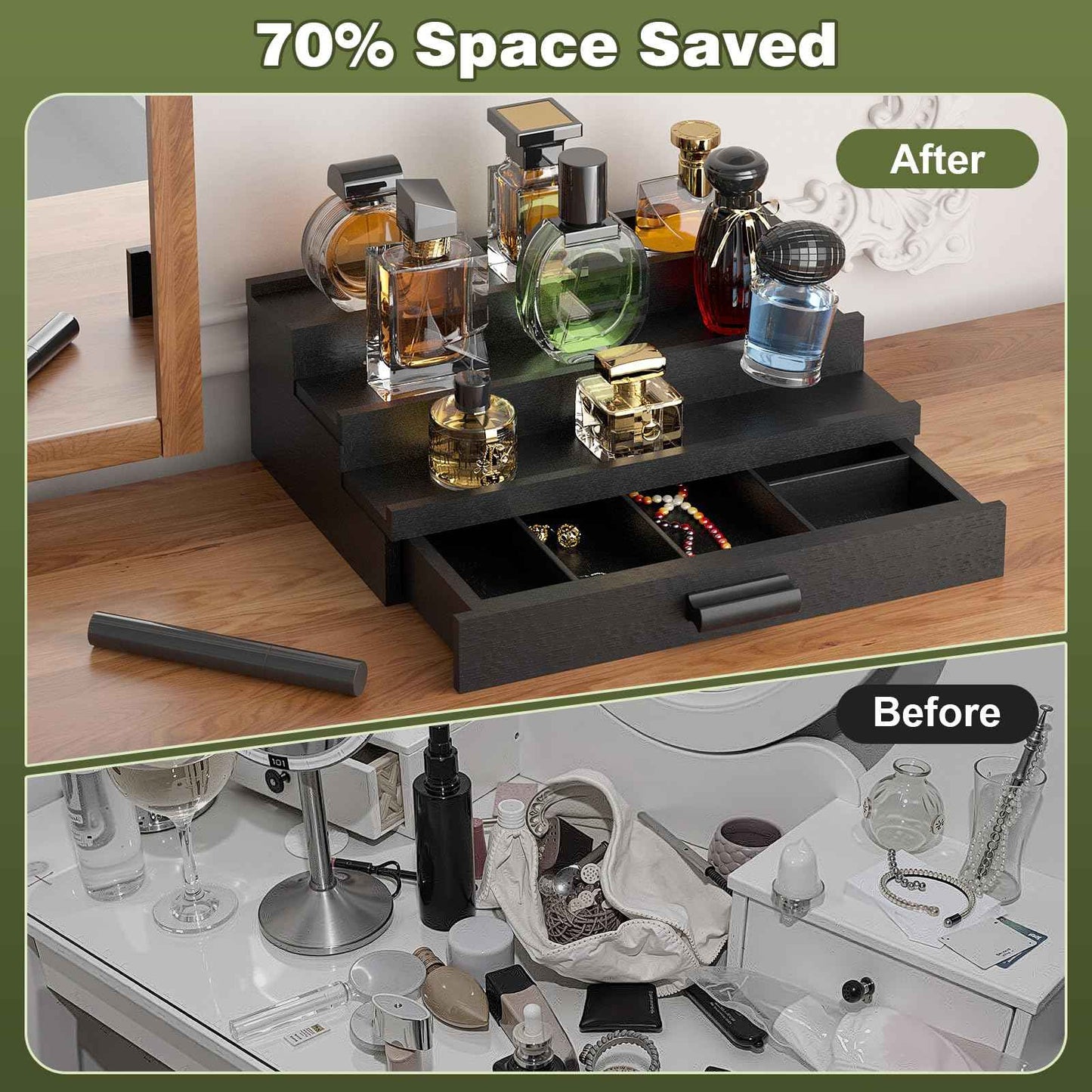 TIRYIUOU Perfume Cologne Organizer for Men: 3 Tier Wooden Perfumes Stand, Desktop Parfum Holder Wood Display Shelf with Cabinet, Bedroom Dresser Makeup Lotion Jewelry Storage Rack with Drawer