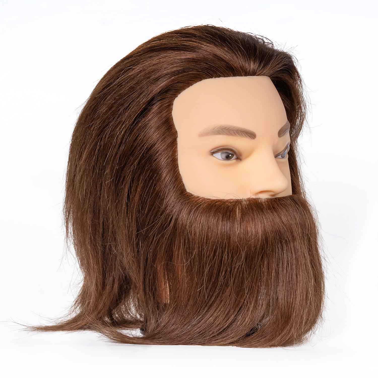 Male Mannequin Head 100% Human Hair Mannequin Head Cosmetology Mannequin Head with Stand Mannequin Head Human Hair Doll Head (Brown with beard)