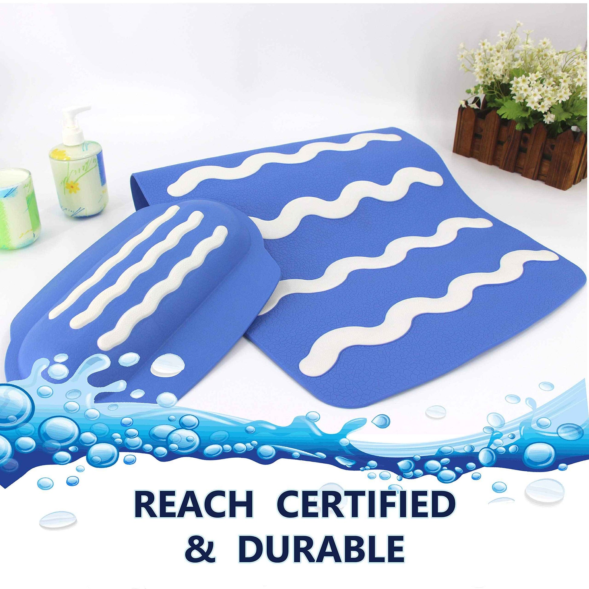 SafeLand Patented Non-Slip Bath Headrest, Pillow, Eco-Friendly, Non-PVC, Color Combo, Machine Washable, Comfortable, Soft, with Powerful Gripping Suction Cups, 13x8.5x1.4 Inch, Wave