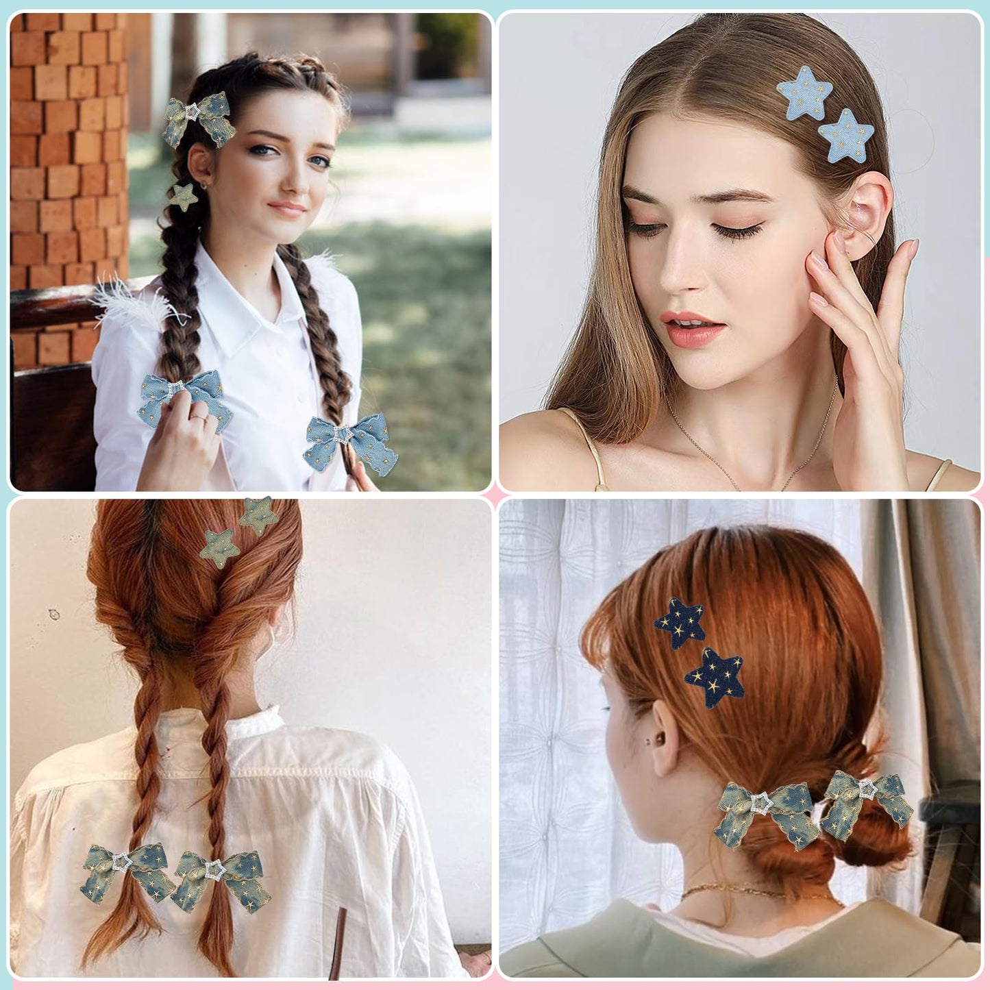 ZLSPTK 10Pcs Blue Denim and Metal Star Hair Clips for Women Girls, Small Hair Barrettes, Fine Hair Bowknot Accessories for Teens Kids