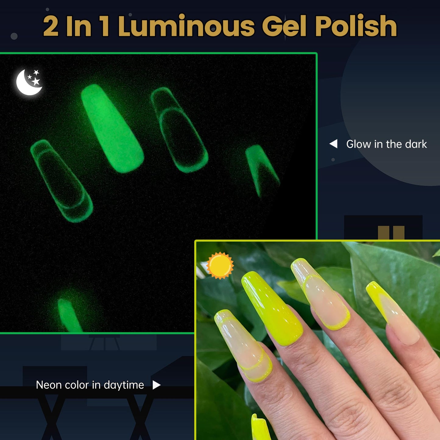 YTD Likomey Glow in the Dark Gel Nail Polish Set,6 Colors with Base and Top Coat Set,Fluorescent Neon White Green Orange Pink Yellow Blue Luminous Salon Home DIY Manicure UV Nail Gel,8 Pcs 7.5 ml