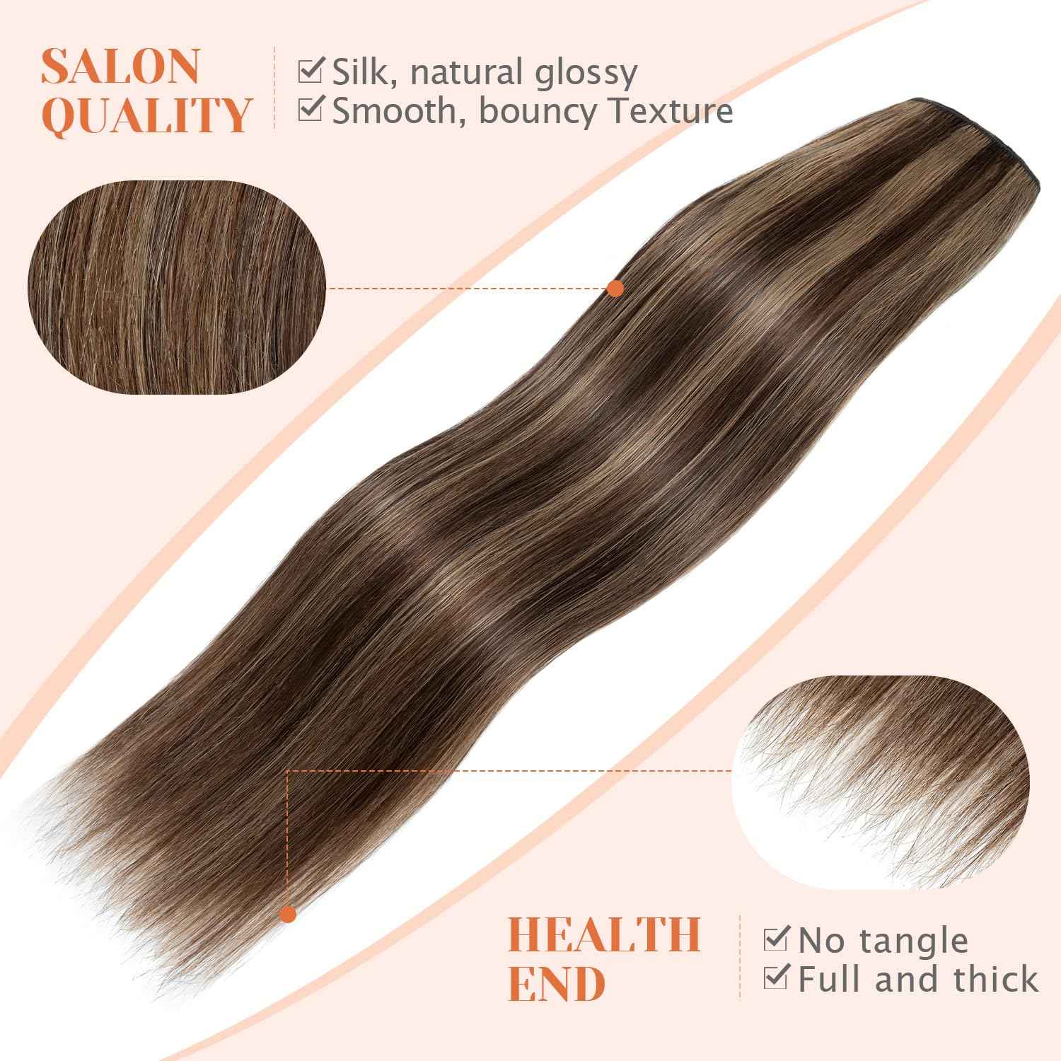 TESSHAIR 5 Clip One Piece Hair Extensions - 10 Inch Real Human Hair, 3/4 Full Head, 65g - Medium Brown Mixed Dark Blonde #4P27
