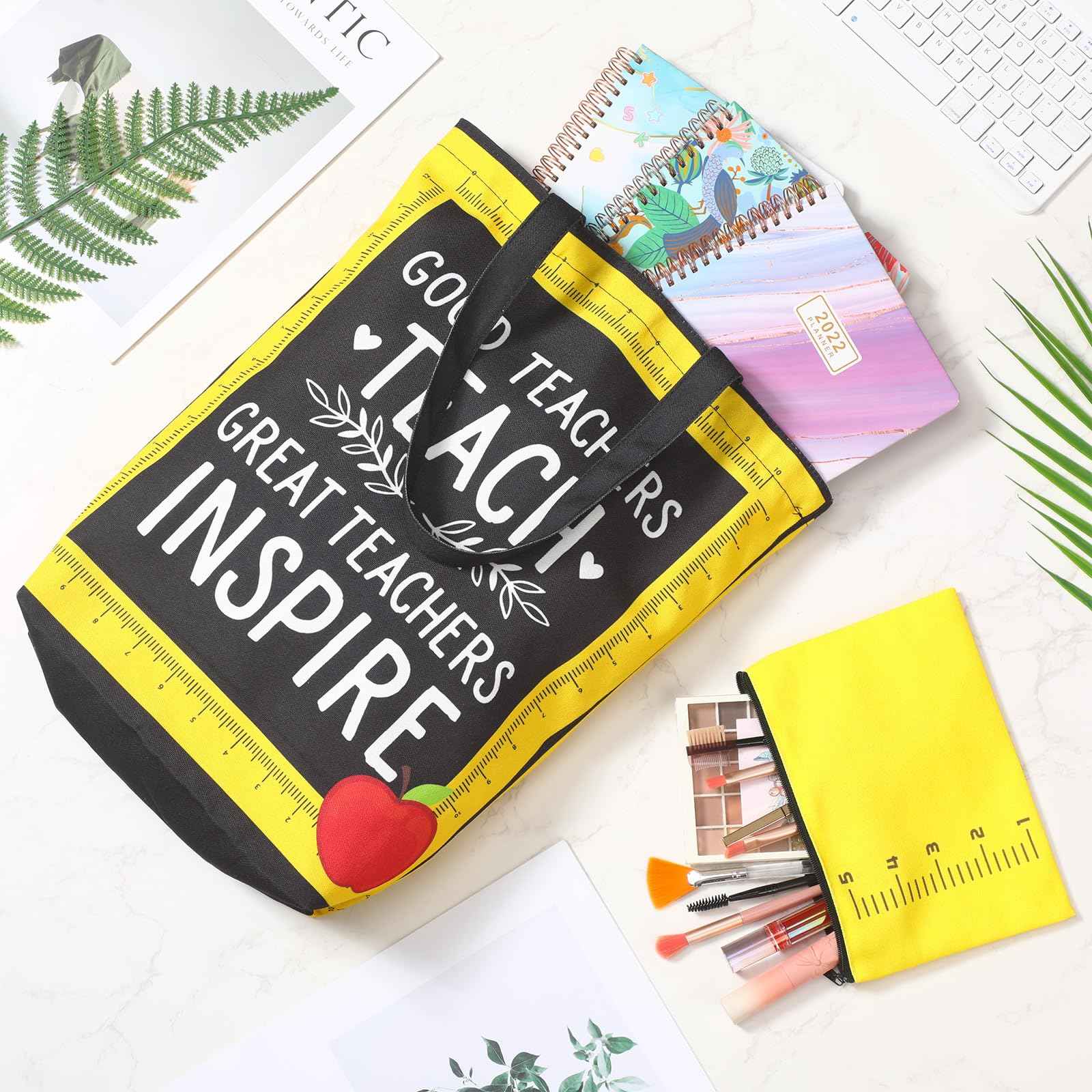 Paterr 12 Pcs Christmas Teacher Appreciation Gift Bulk 6 Canvas Tote Bag and 6 Makeup Bag Thank You End of Year Teacher Gifts Stocking Stuffer for Women Employee Coworker Office Supplies