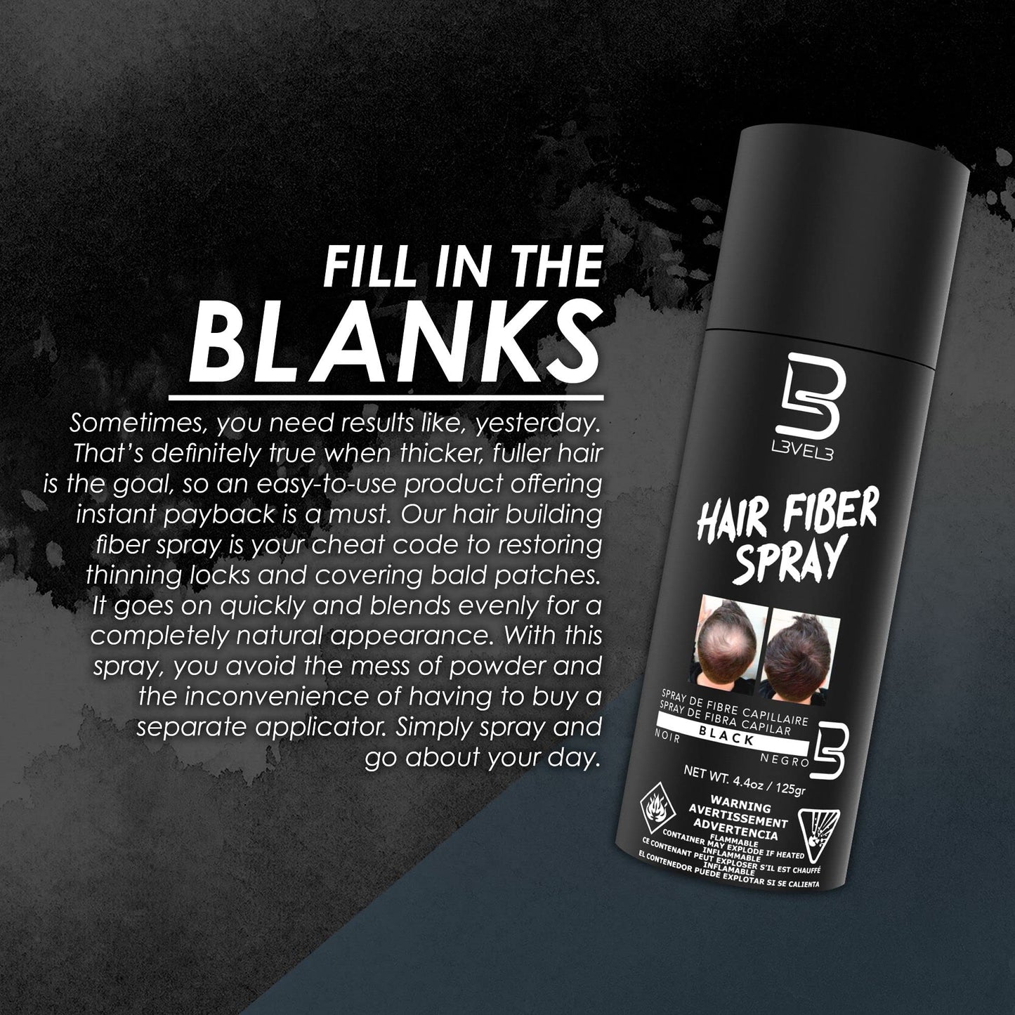 Level 3 Black Hair Fiber Spray - Cover Bald Spot or Thinning Hair - Natural Looking Finish - Instant Grey Coverage and Thicker Hair