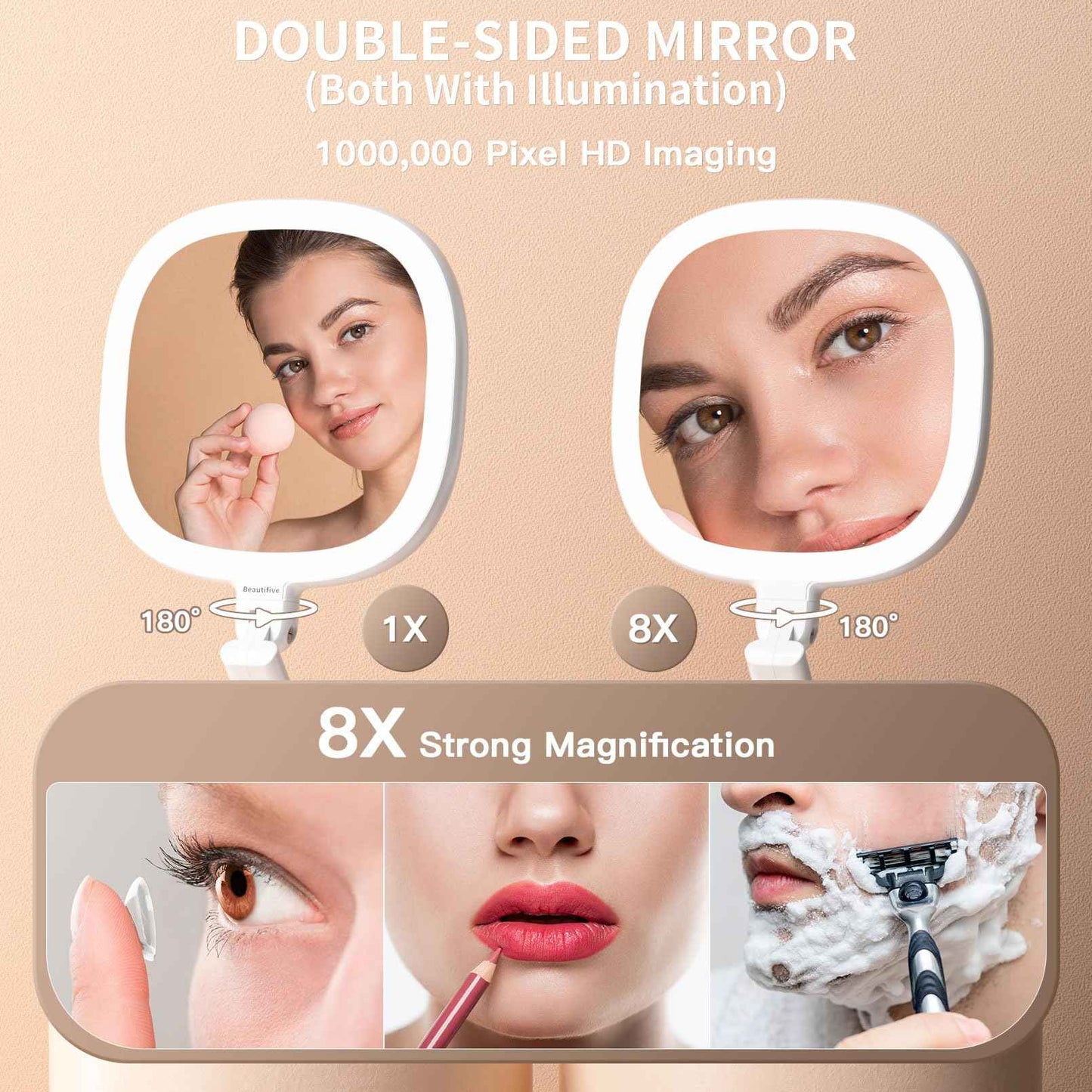 Beautifive 6.3'' Makeup Mirror with Magnification, 1X/8X Magnifying Vanity Mirror with 3 Light Modes, Rechargeable Double-Sided Lighted Desk Mirror, Adjustable Height with Stand Home Mirror for Women