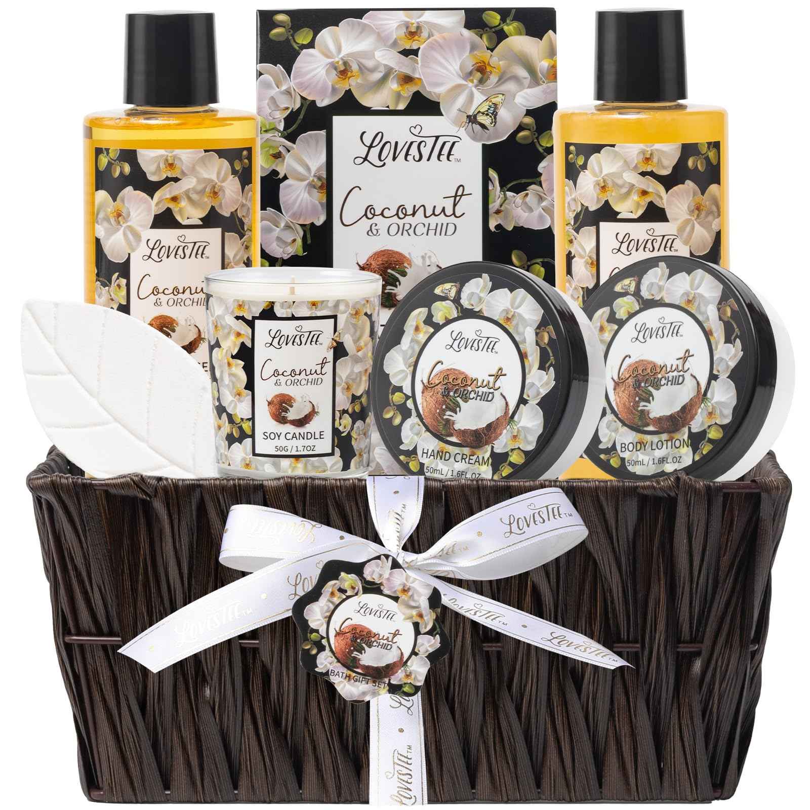 Mothers Day Gifts, Spa Baskets For Women, Bath And Body, Coconut & Orchid Bath & Body Set, Includes Shower Gel, Hand Cream, Body Lotion, Candle And More, Gifts For Women, Gift For Mom