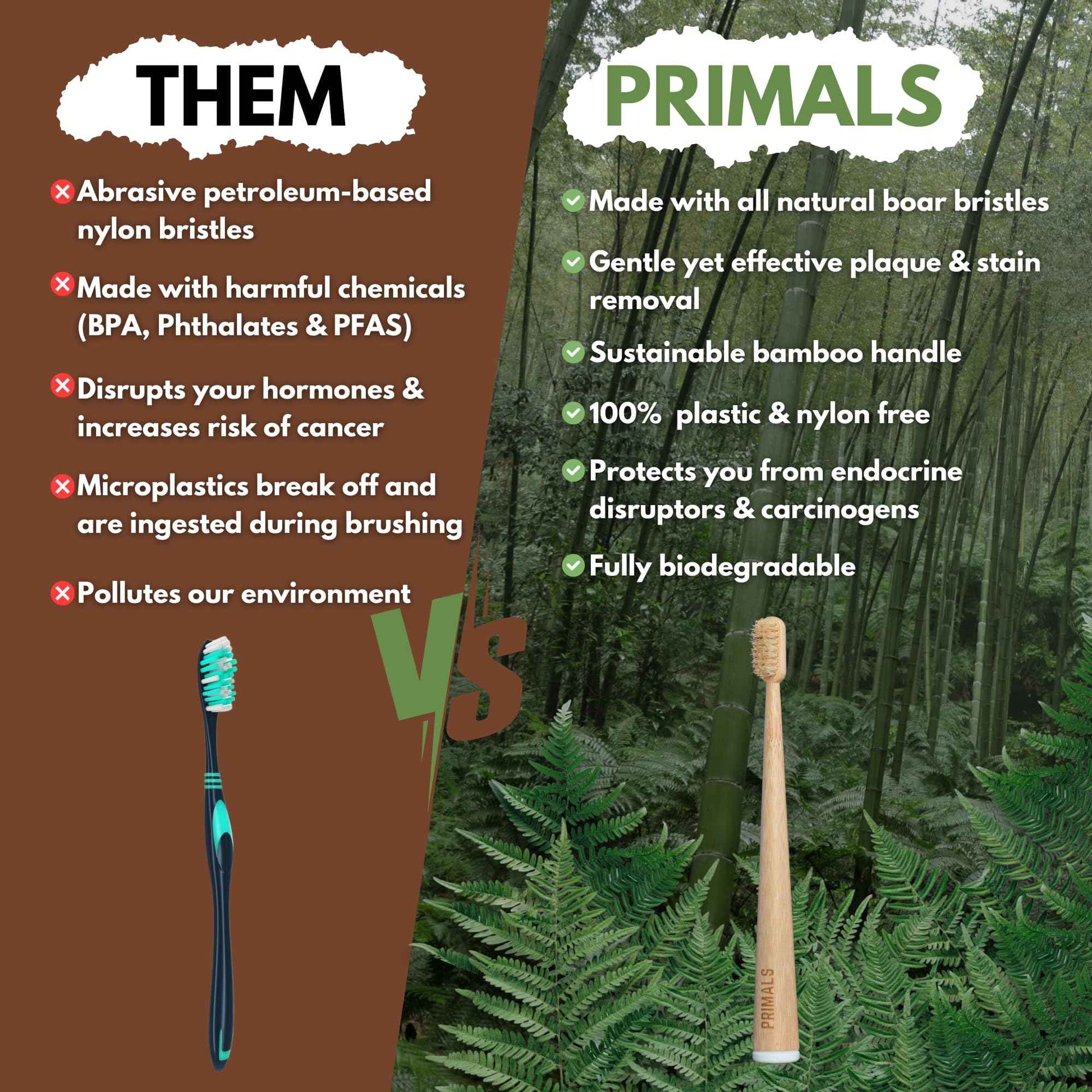PRIMALS Boar Bristle & Bamboo Toothbrush (4-Pack) - Premium Boar Bristles - Fully Biodegradable - Plastic & Nylon Free - Quick Dry Design