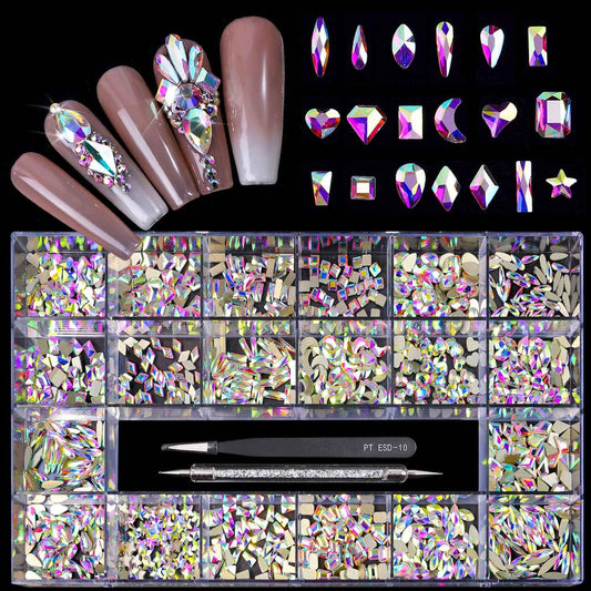 Yzzseven 20 Types of 1000 Crystal AB Diamonds Mix Flatback DIY Crafts Rhinestone Crystals 3D Decorations Flat Back Stones Set +Tweezers + Drill Pen
