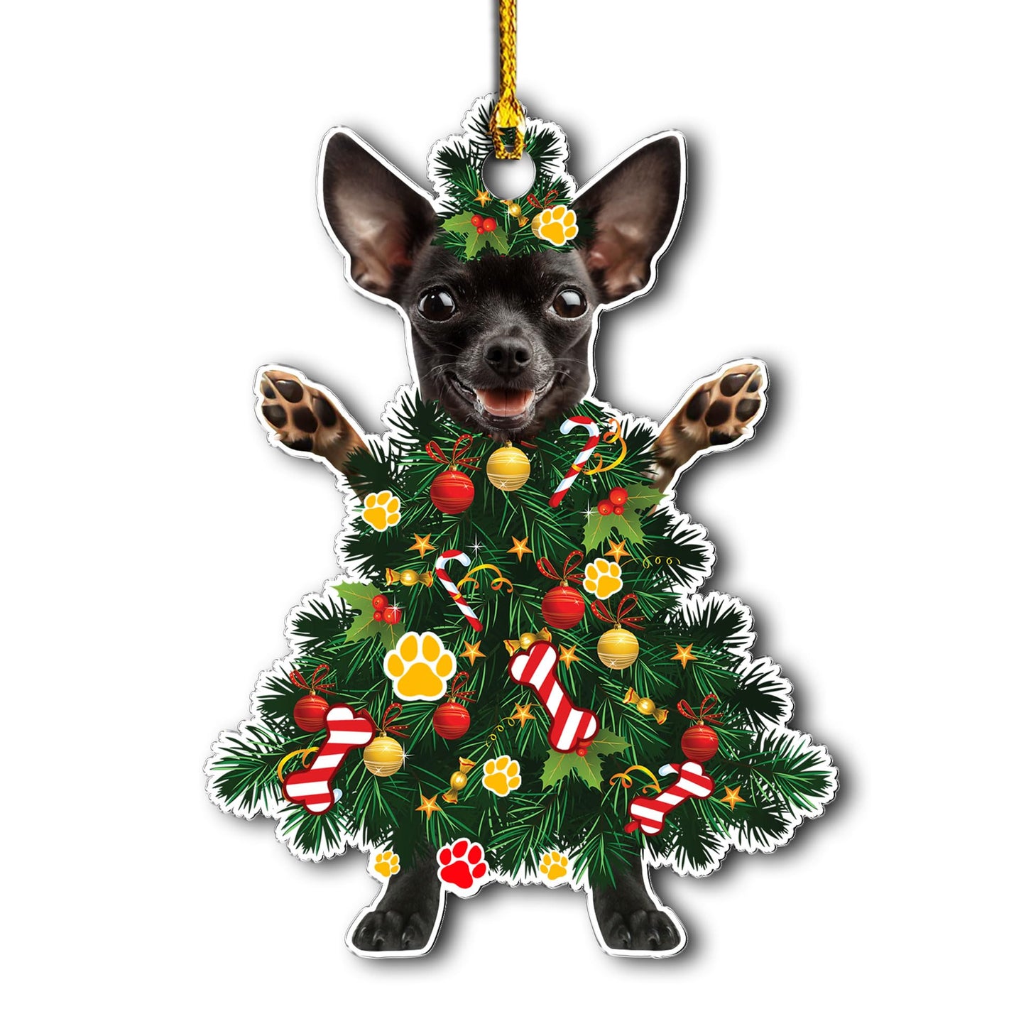 Black Chihuahua Christmas Tree Ornament - Festive Holiday Acrylic Hanging Decoration with Adorable Black Chihuahua Dog - Black Chihuahua Christmas Tree Topper Ornament