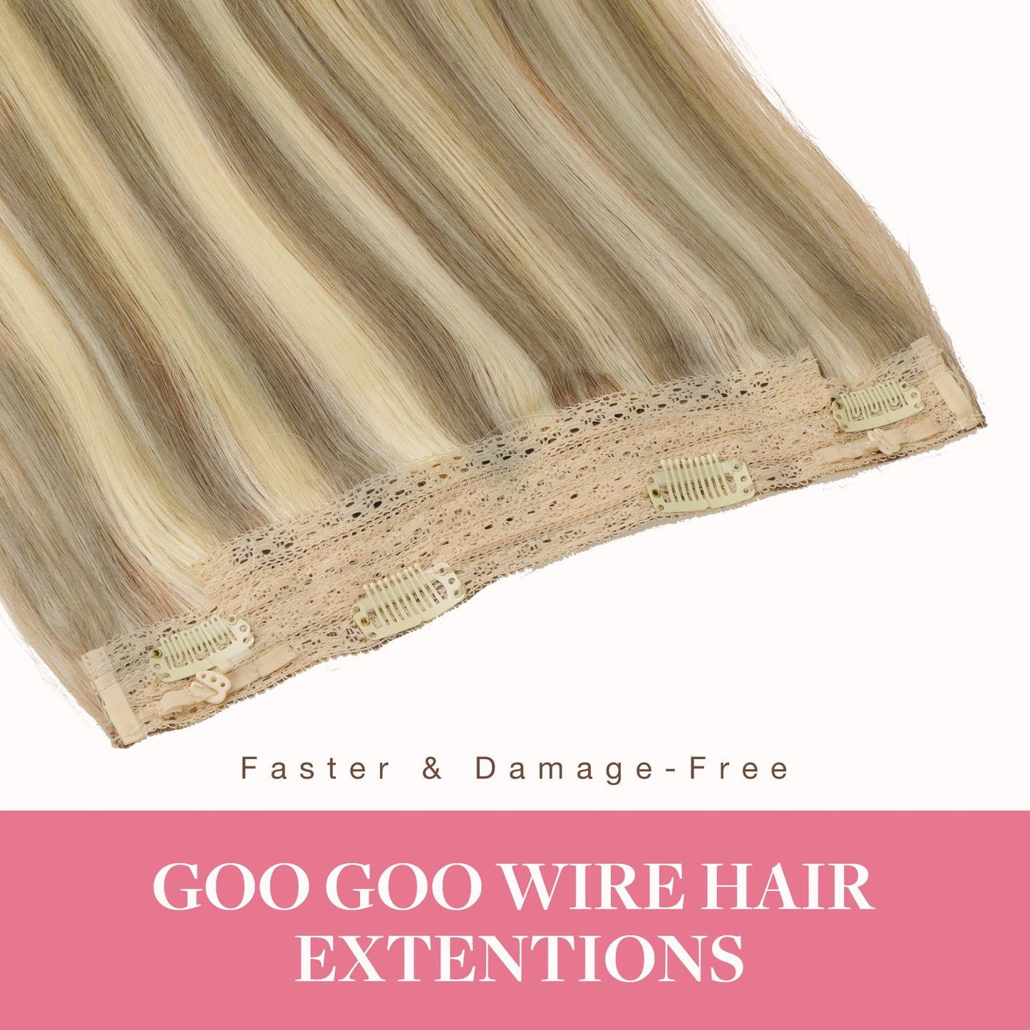 GOO GOO Wire Hair Extensions Real Human Hair, 14inch 75g Light Blonde Highlighted Blonde, Invisible Wire Hair Extensions with Transparent, Seamless Fish Line Hairpiece, Straight Remy Hair Extensions