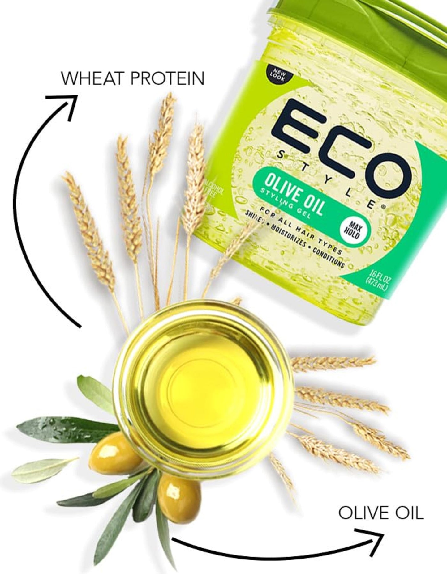 Eco Style ECOCO Style Gel Olive Oil-100% Pure Olive Oil-Adds Shine And Tames Split Ends-Weightless Style-Nourishes And Repairs-Adds Moisture To The Scalp-Superior Hold-Healthy Shine-16 Oz