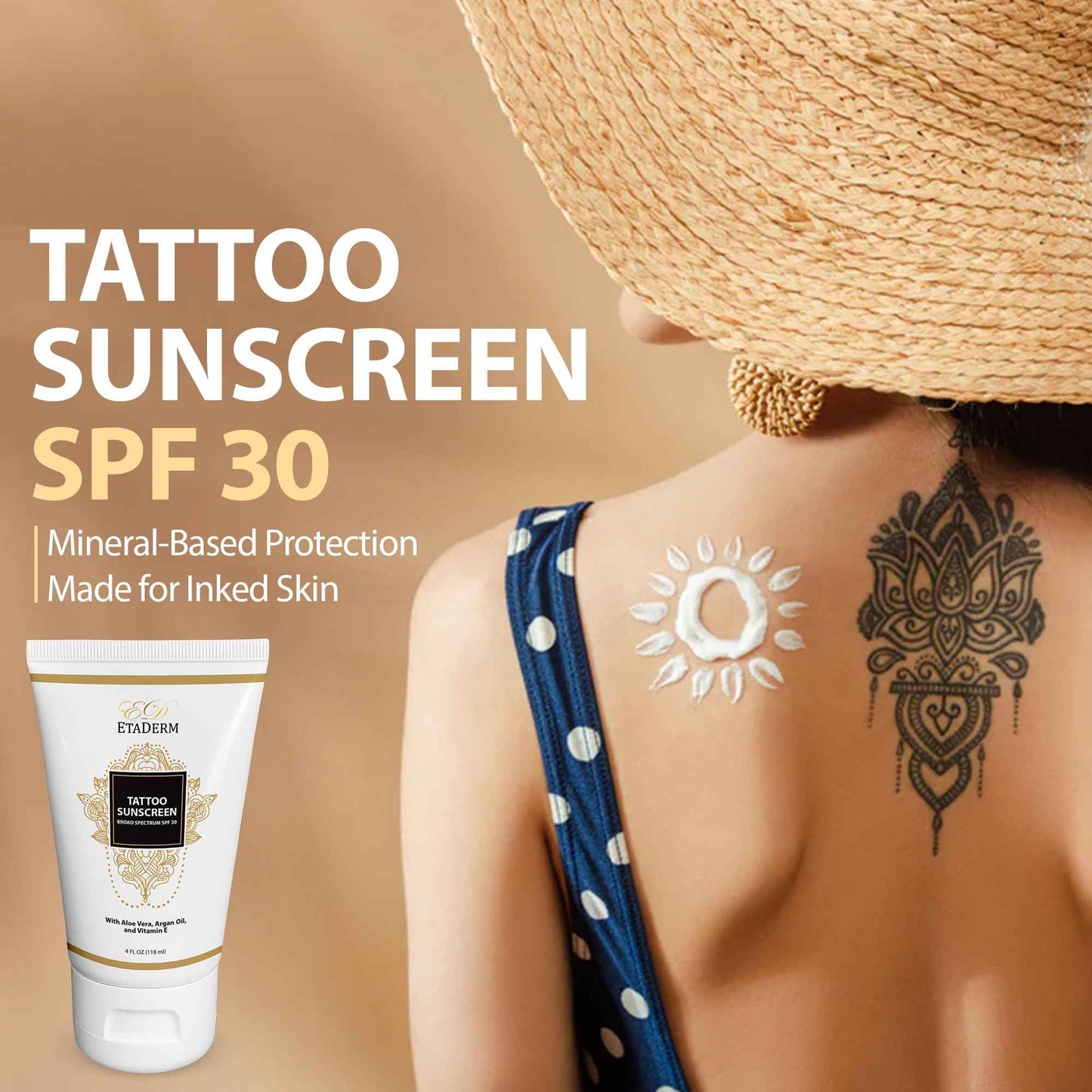 ETADERM Tattoo Sunscreen Lotion SPF 30 - Tattoo Aftercare Sunscreen for Sensitive Skin with 15% Non-nano Zinc Oxide - Sun Protection Tattoo Lotion for Long-Lasting Vibrancy & Ink Defense Against UV