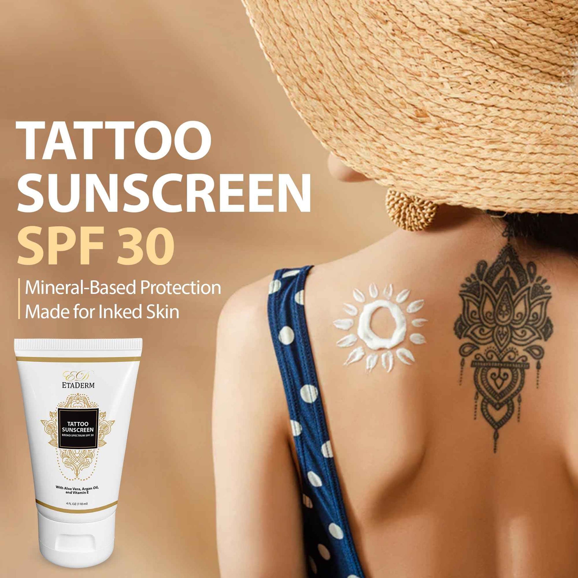ETADERM Tattoo Sunscreen Lotion SPF 30 - Tattoo Aftercare Sunscreen for Sensitive Skin with 15% Non-nano Zinc Oxide - Sun Protection Tattoo Lotion for Long-Lasting Vibrancy & Ink Defense Against UV