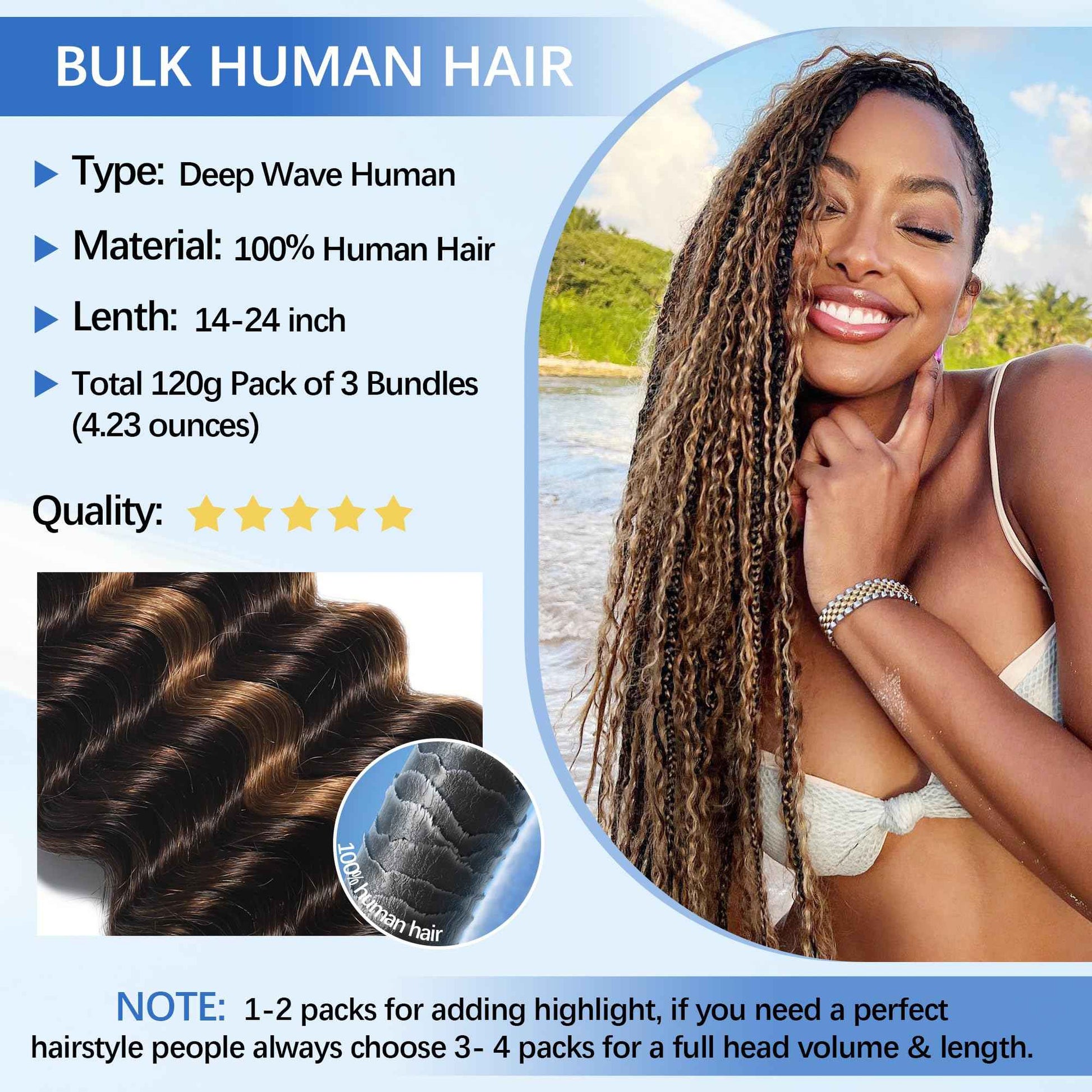 Human Braiding Hair for Boho Braids Human Hair 120g 16Inch Curly Boho Hair for Braiding Knotless 12A Deep Water Wave Bulk Hair Bohemian Braids No Weft 3 Bundles/Pack Chocolate Brown