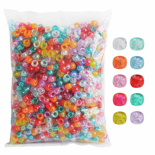 Simetufy 1200 pcs Pony Beads 6x9mm Glitter Clear Plastic Beads Transparent Beads with Sparkling Glitter Assorted 10 Colors for DIY Craft Jewelry Bracelets Making, Hair Braiding, Keychains Ornaments