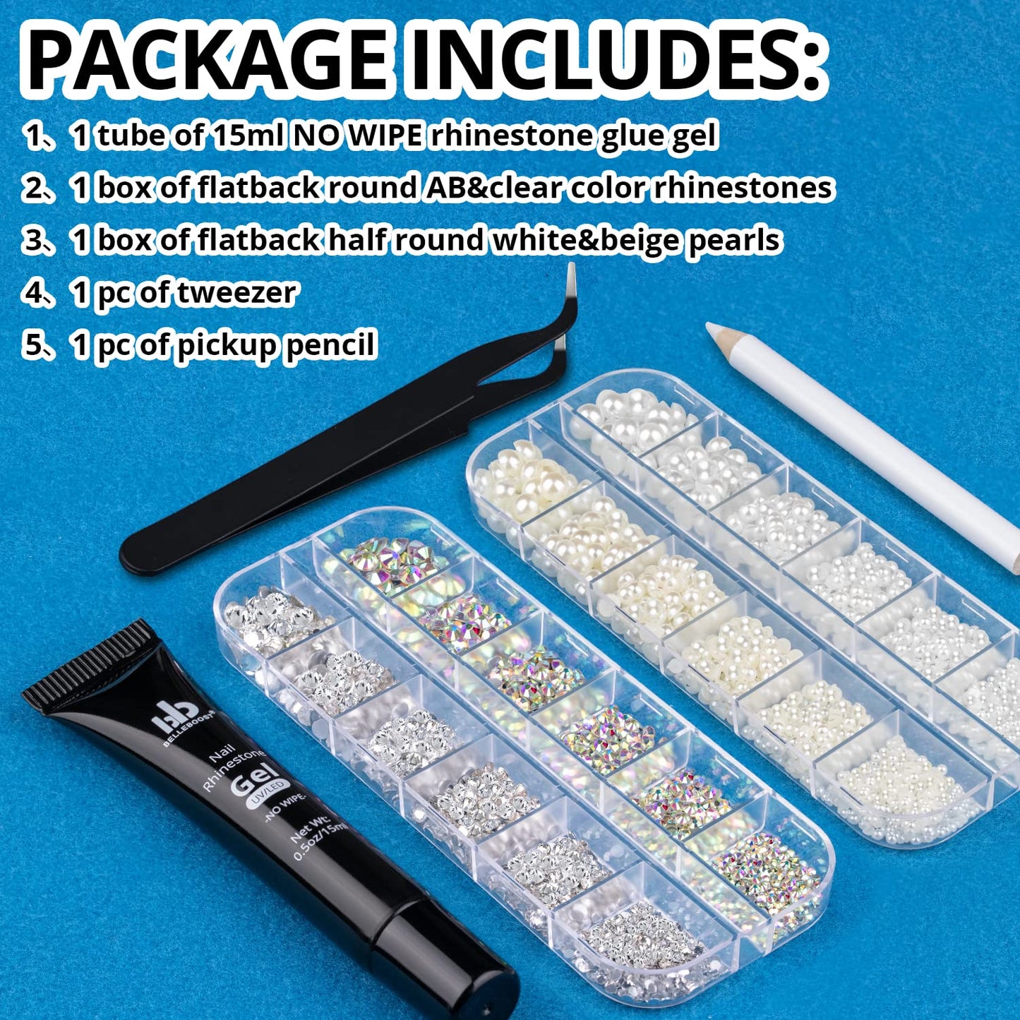 Nail Art Rhinestone Glue Gel&2 Boxes Flatback Gems Accessories Kit, 1 Tube of 15ml Rhinestone Gel Glue(UV/LED Needed)+Round AB&Clear Gems+Flat-back Half Round White&Beige Pearls with Pickup Tools