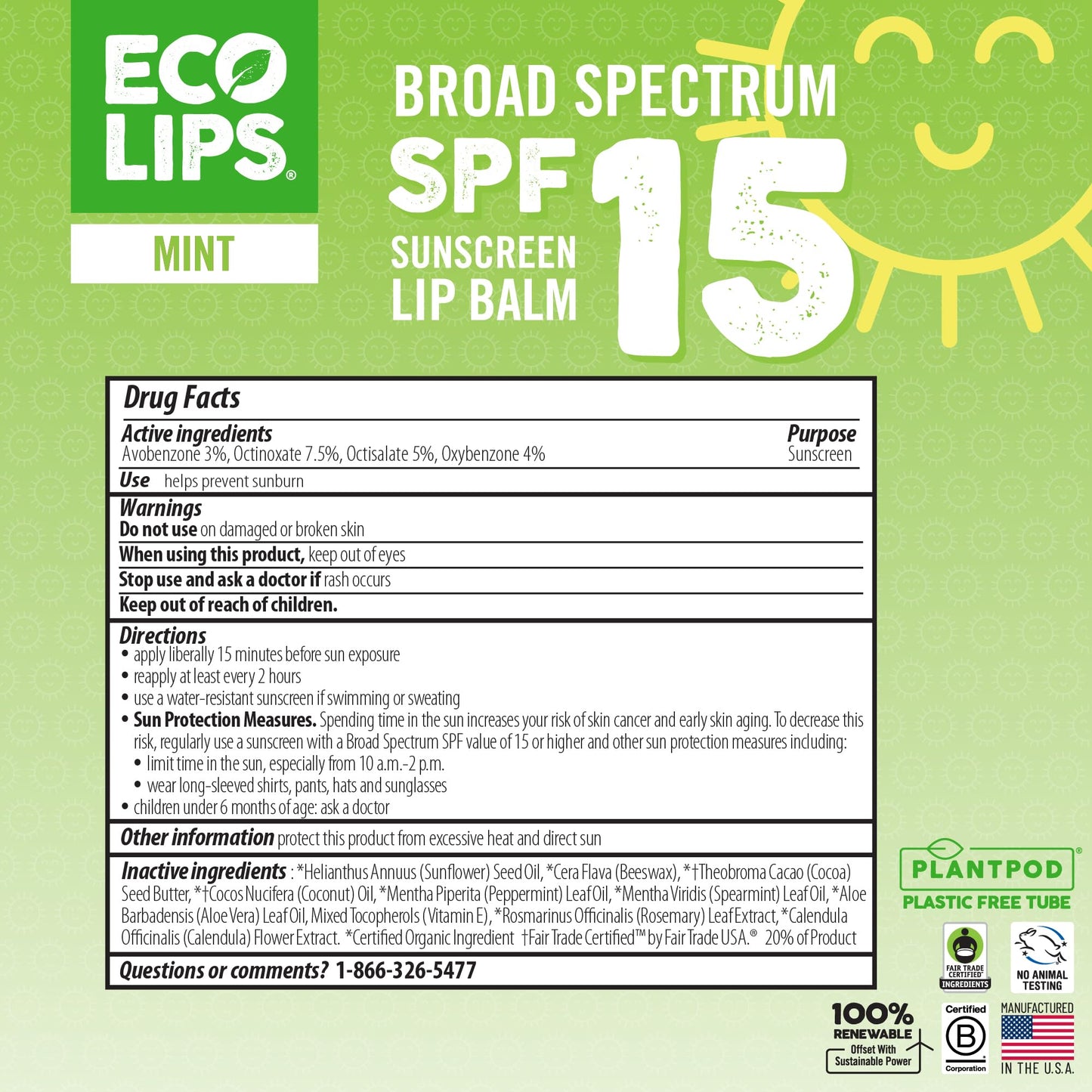 Eco Lips Classic Mint Broad Spectrum Sunscreen Lip Balm 6-Pack - 100% Plastic-Free Plant Pod Packaging - Made in USA