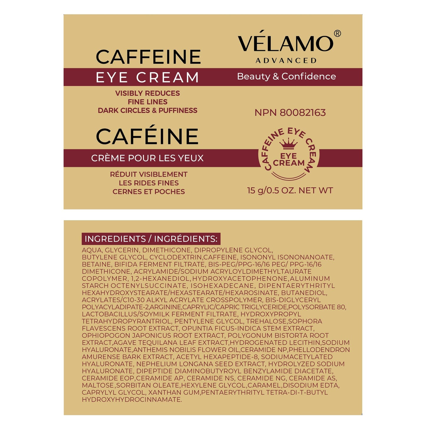 VELAMO ADVANCED Caffeine Eye Cream: for Dark Circles Puffiness Under Eye Bags Wrinkles