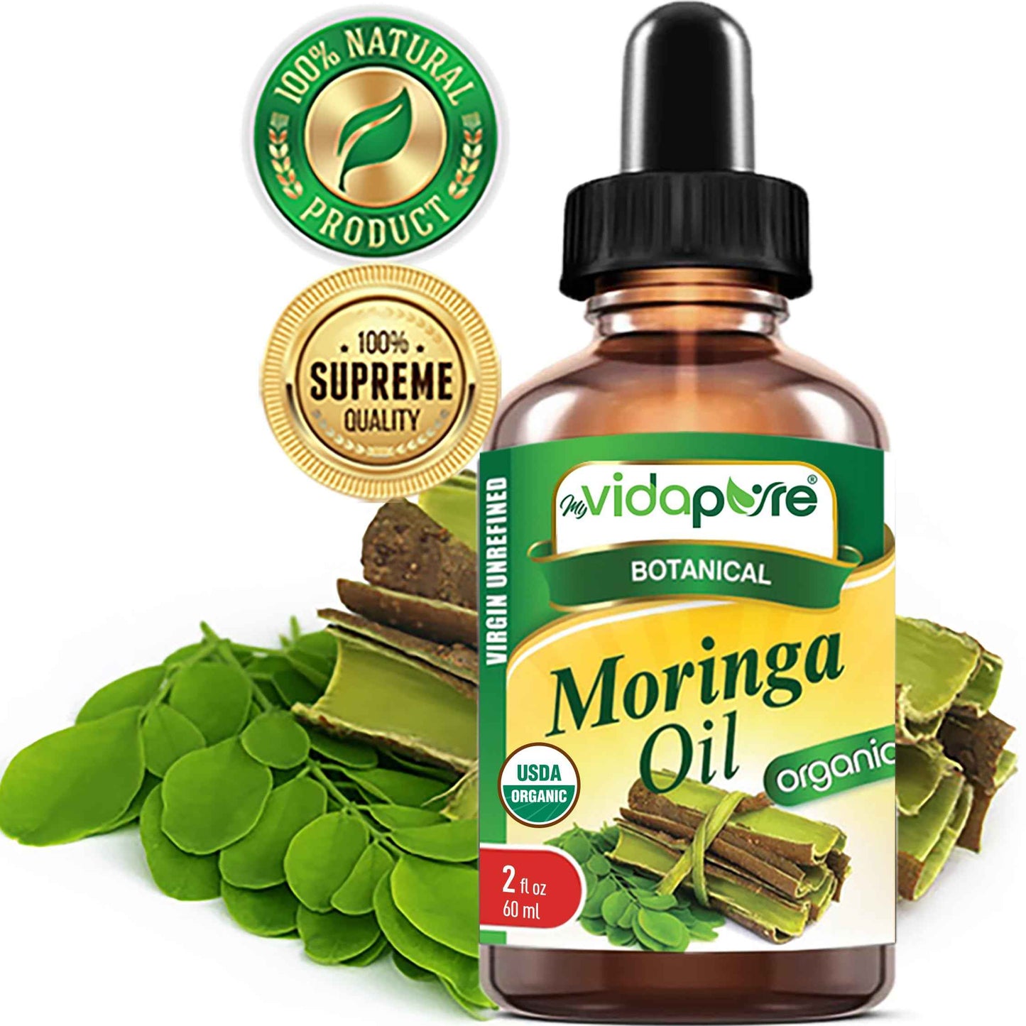 MYVIDAPURE Organic MORINGA OIL Moringa Oleifera Certified Organic 100% Natural Pure Virgin Unrefined for Face, Skin, Body, Hair, Lip, Nails Anti-Aging, Rich in Vitamin E (2 Fl Oz)
