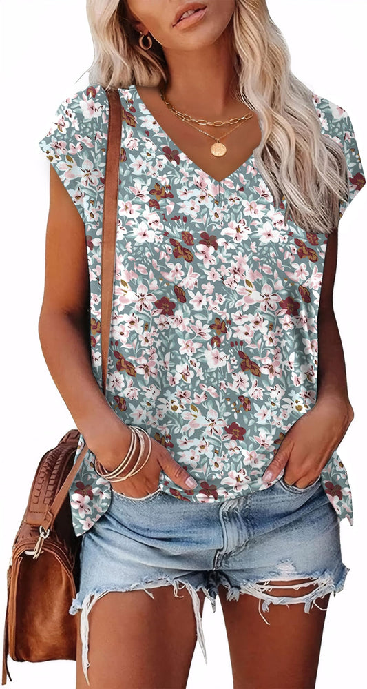 Womens Floral Print Tops Casual Summer Short Sleeve V Neck Shirts for Women Trendy Outfits Print Green Floral S