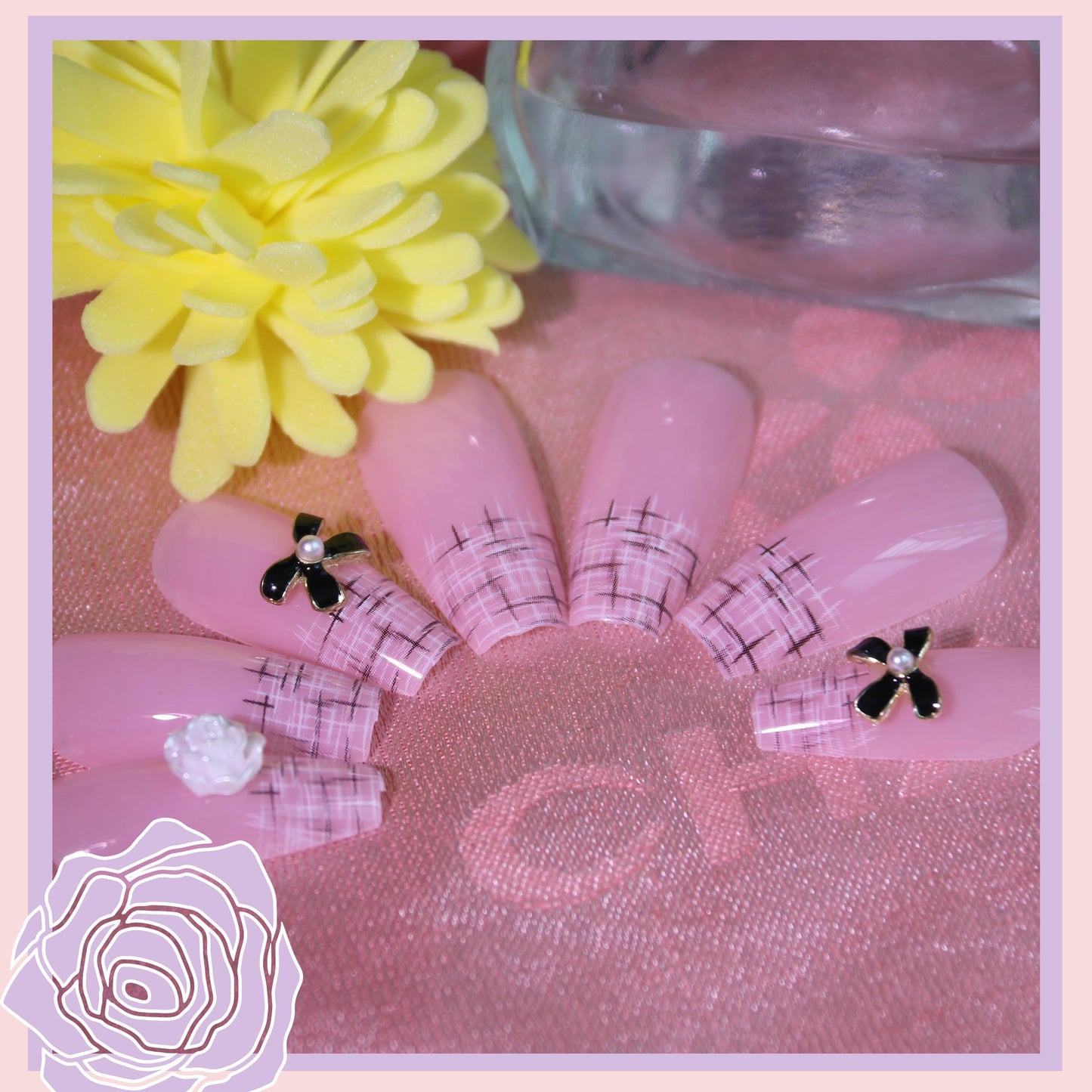 Black Bowknot Press on Nails Kit Floral French Tip Nails Pearl CC Press Ons Medium Pink Fake Nails Square