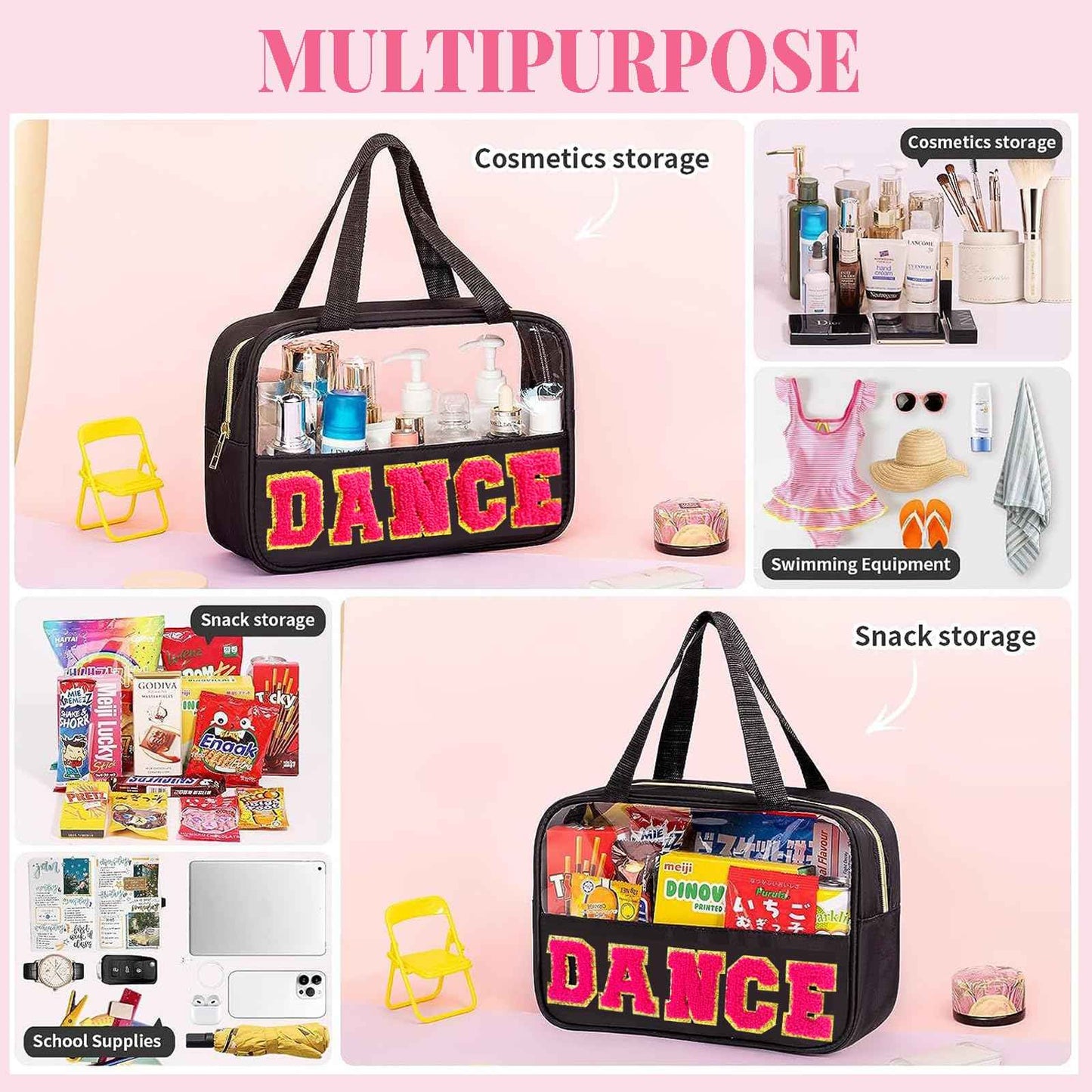Kovewon Chenille Letter Bags for Dance Recital Gifts Clear Ballet Dance Makeup Bag with Handle and Zipper Waterproof Nylon Portable Toiletry Bag, Dance Competition Must Haves